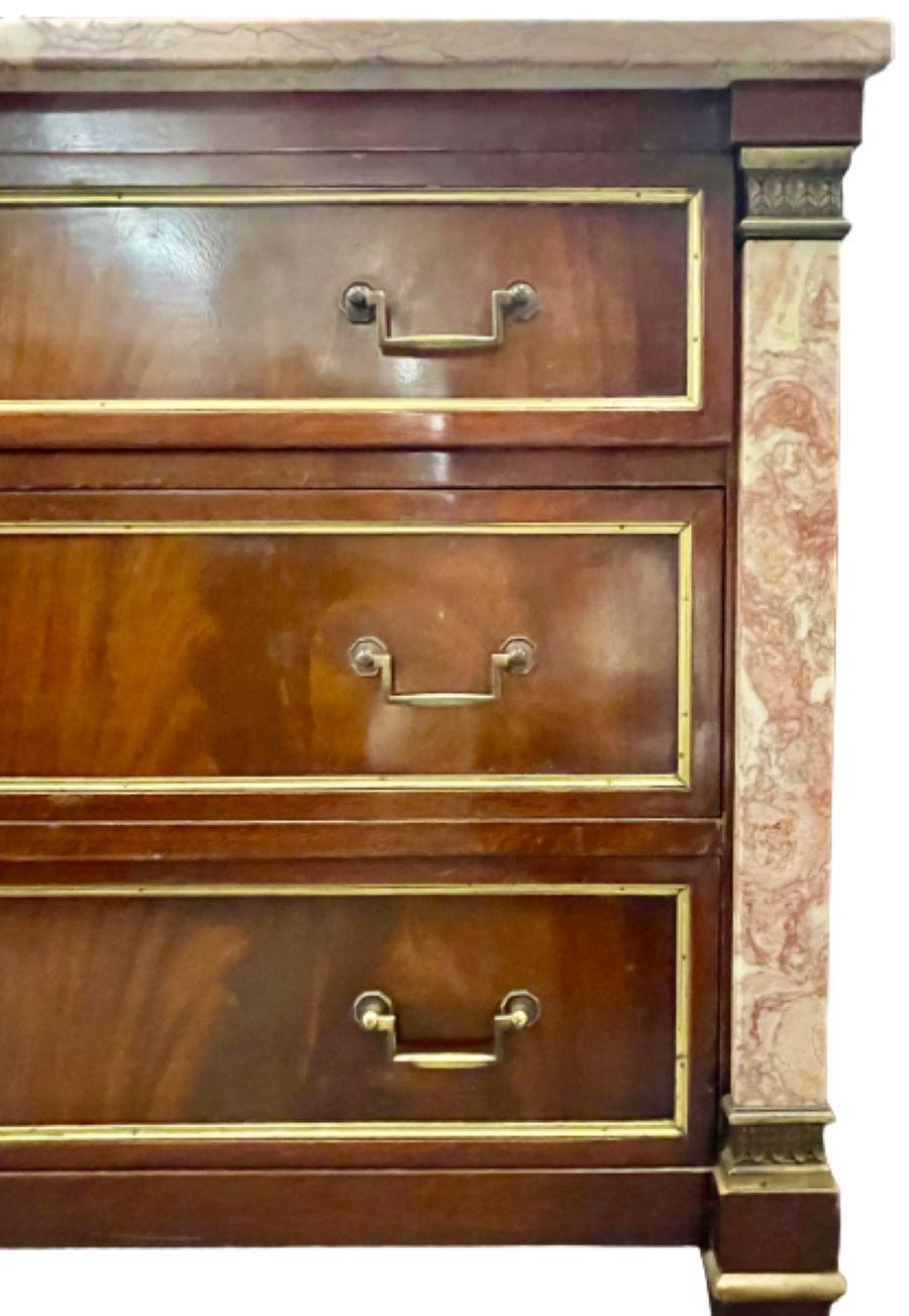 Mahogany Marble Top Bronze-Mounted Maison Jansen Style Marble Column Front Commode For Sale
