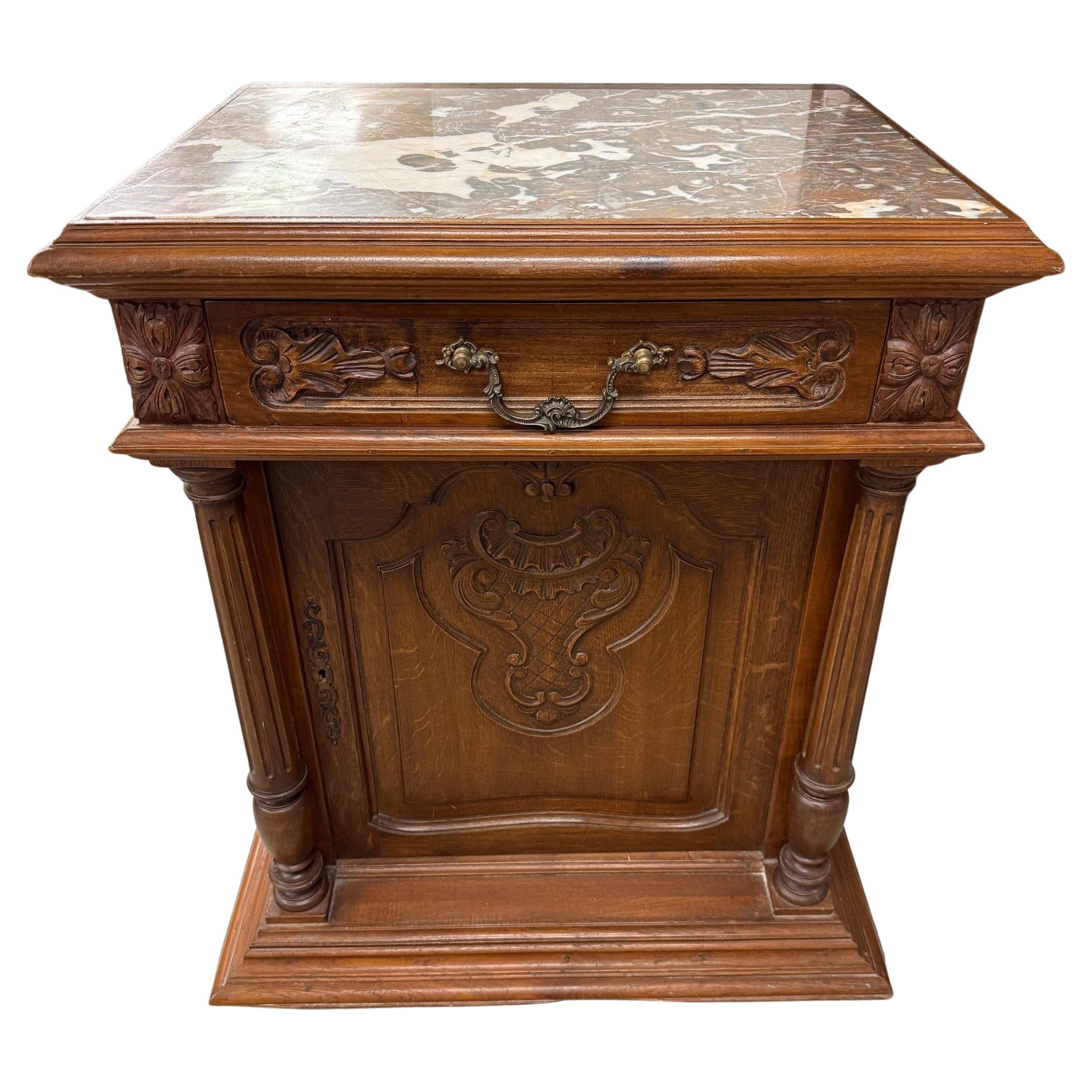 Marble Top Carved Nightstand or Cabinet with Drawer & Door