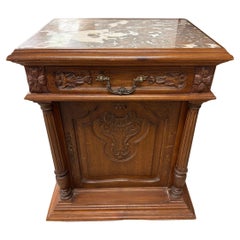 Marble Top Carved Nightstand or Cabinet with Drawer & Door