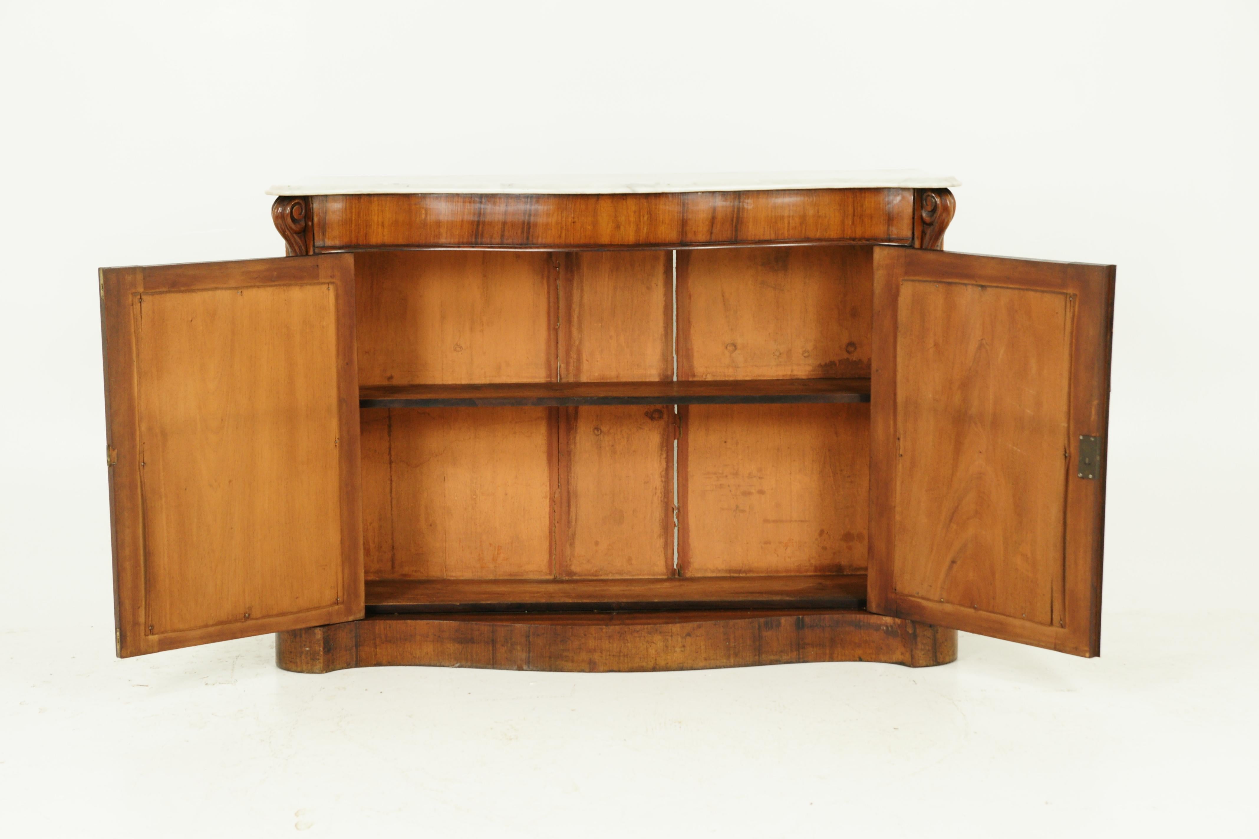 Antique Marble-Top Chiffonier, Credenza, Walnut Sideboard, Scotland 1870, B1563

Scotland 1870
All original finish
Serpentine fronted white marble top above
Carved corbells to the ends at the top and bottom
Pair of rectangular mirrored doors
Oval