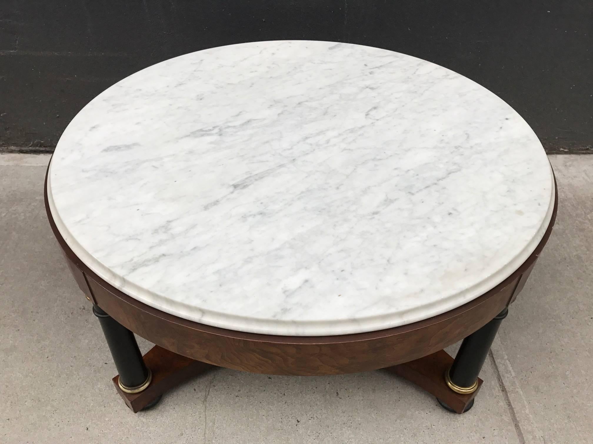 Regency Marble Top Coffee Table by Baker with Black Lacquered Columns