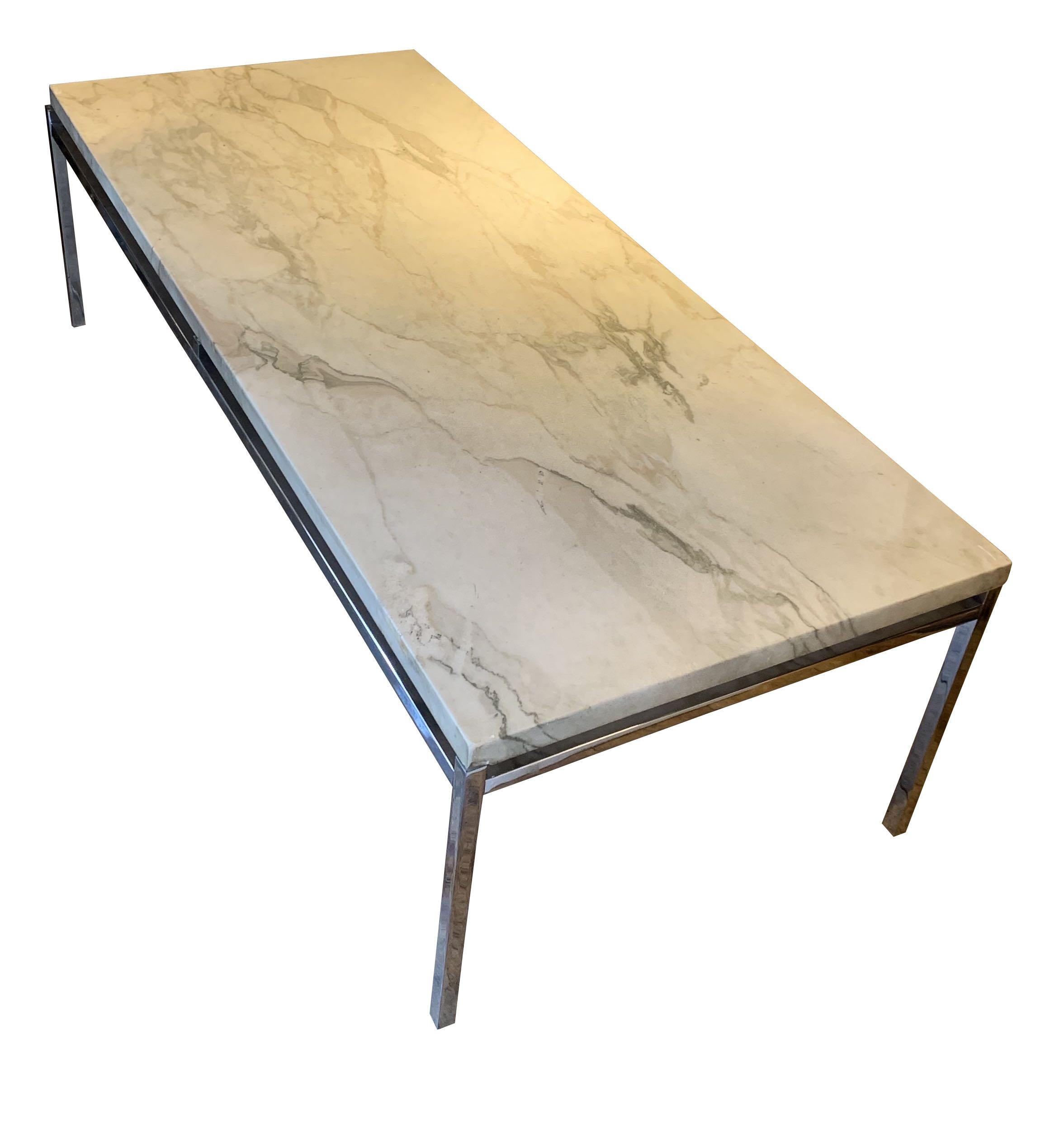 Midcentury French honed white marble-top coffee table. Beautiful grey veins run through the table top.
Simple design nickel base.
 