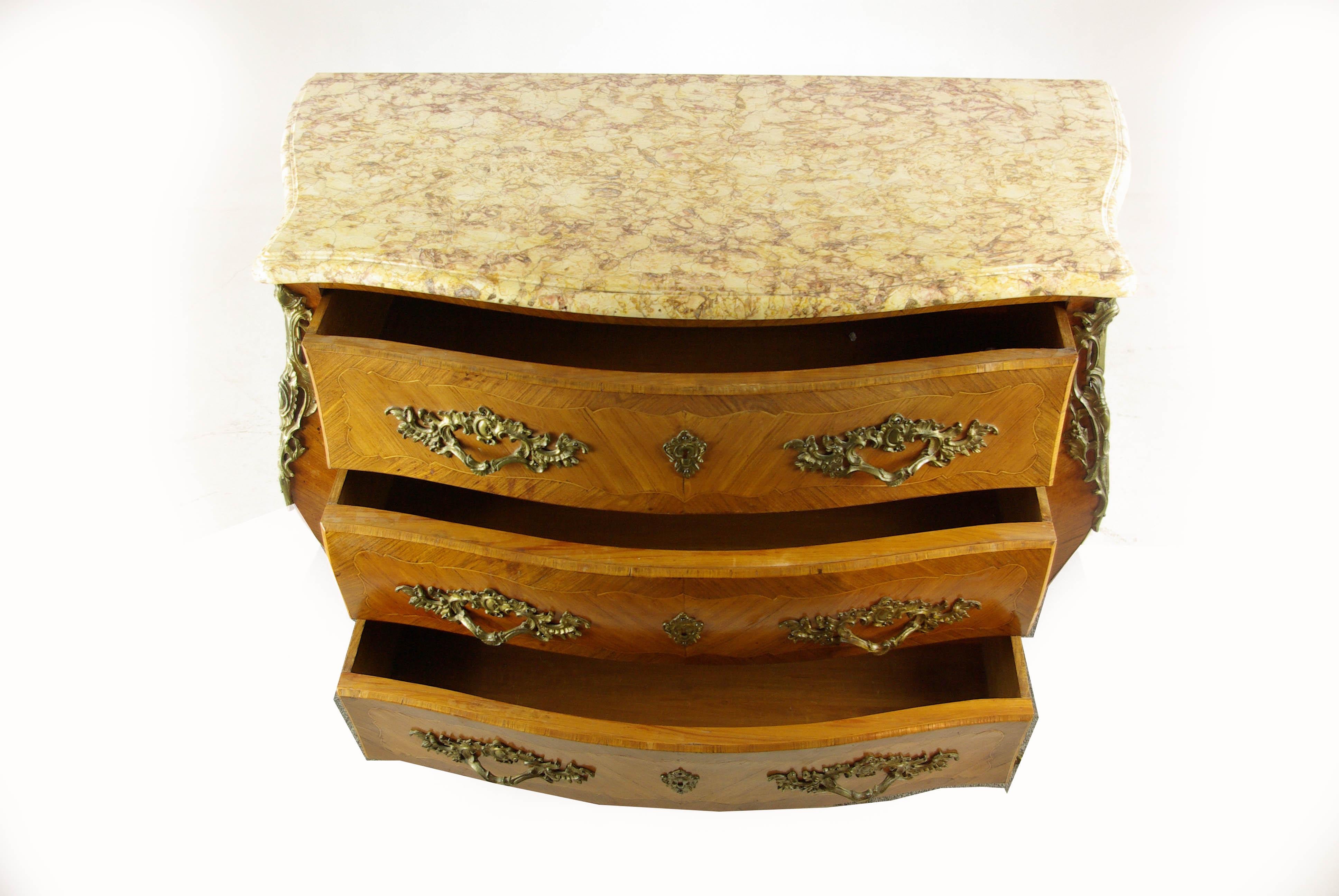 Mid-20th Century Marble-Top Commode, Louis XV Style, Bombe Commode, France, 1930, B1142