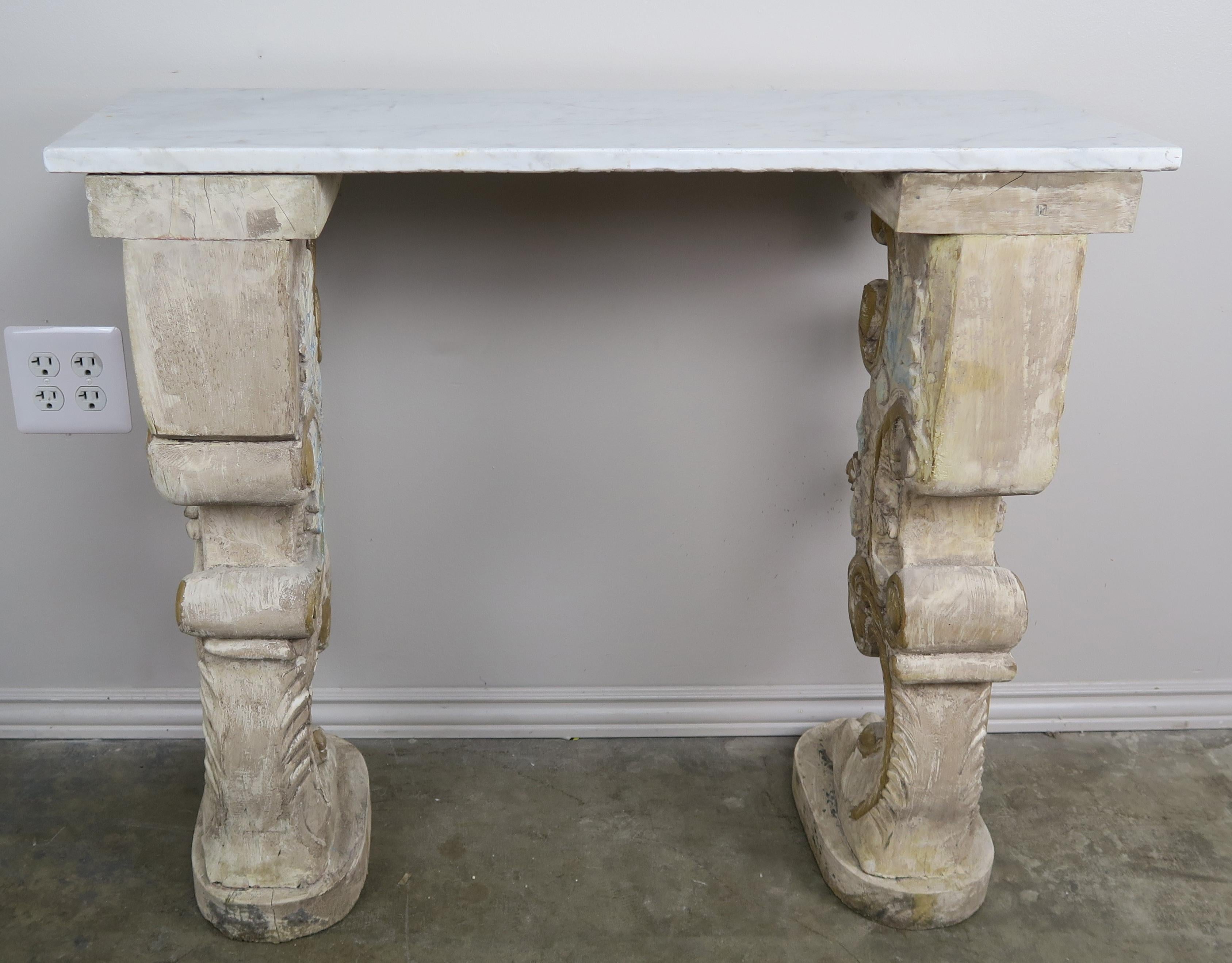 Marble-Top Console on Carved Pedestals, circa 1900 4