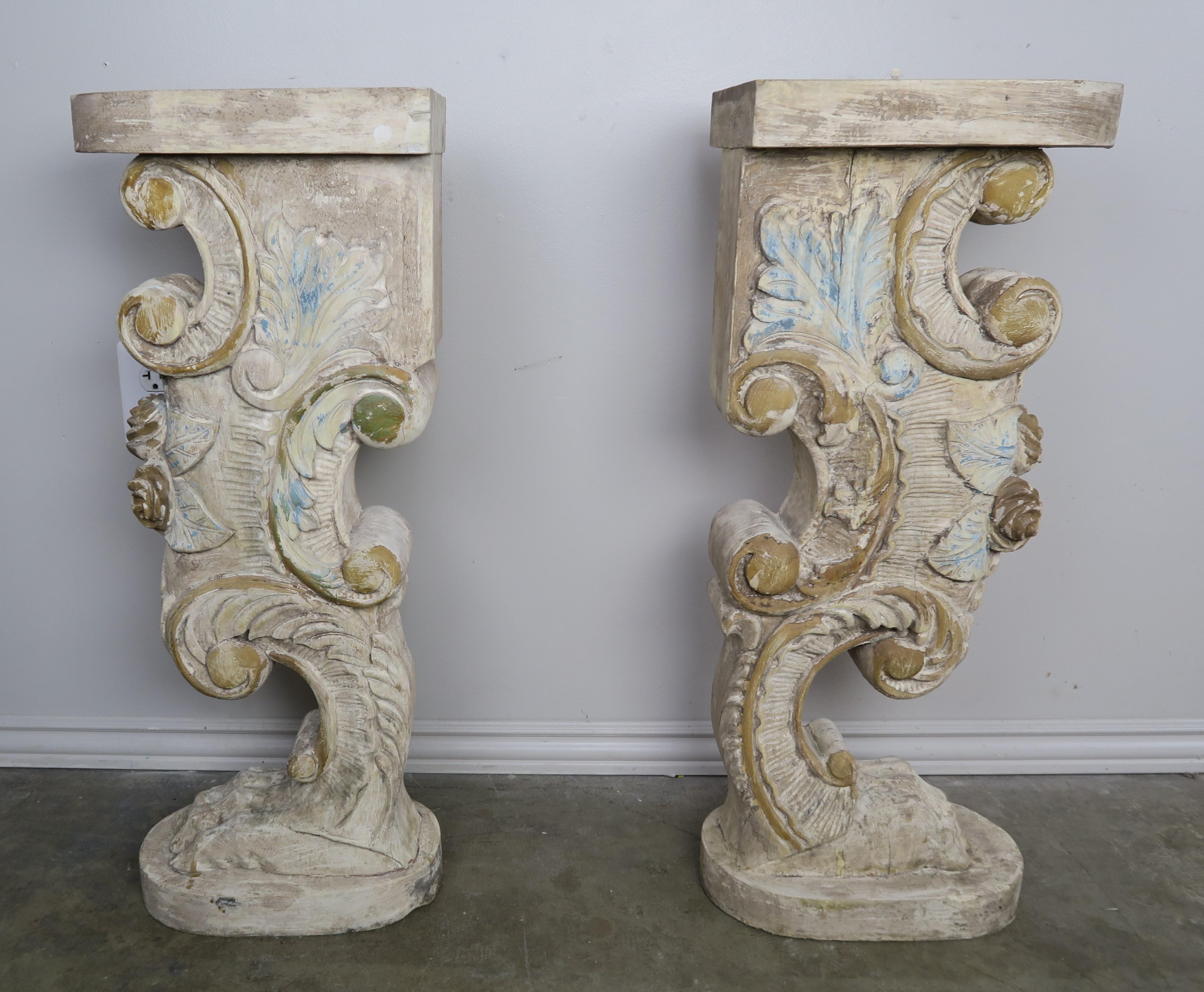 Hand-Carved Marble-Top Console on Carved Pedestals, circa 1900