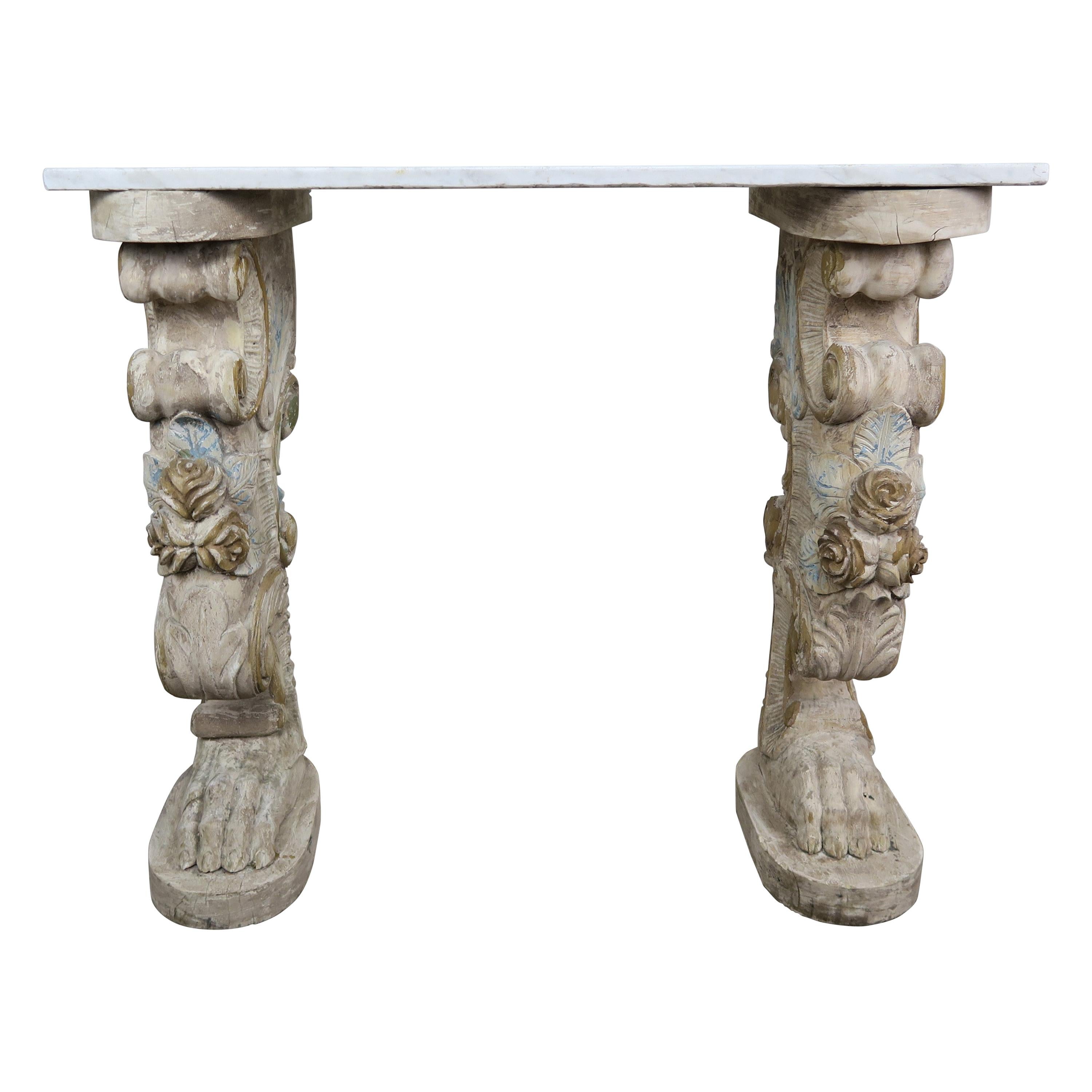 Marble-Top Console on Carved Pedestals, circa 1900