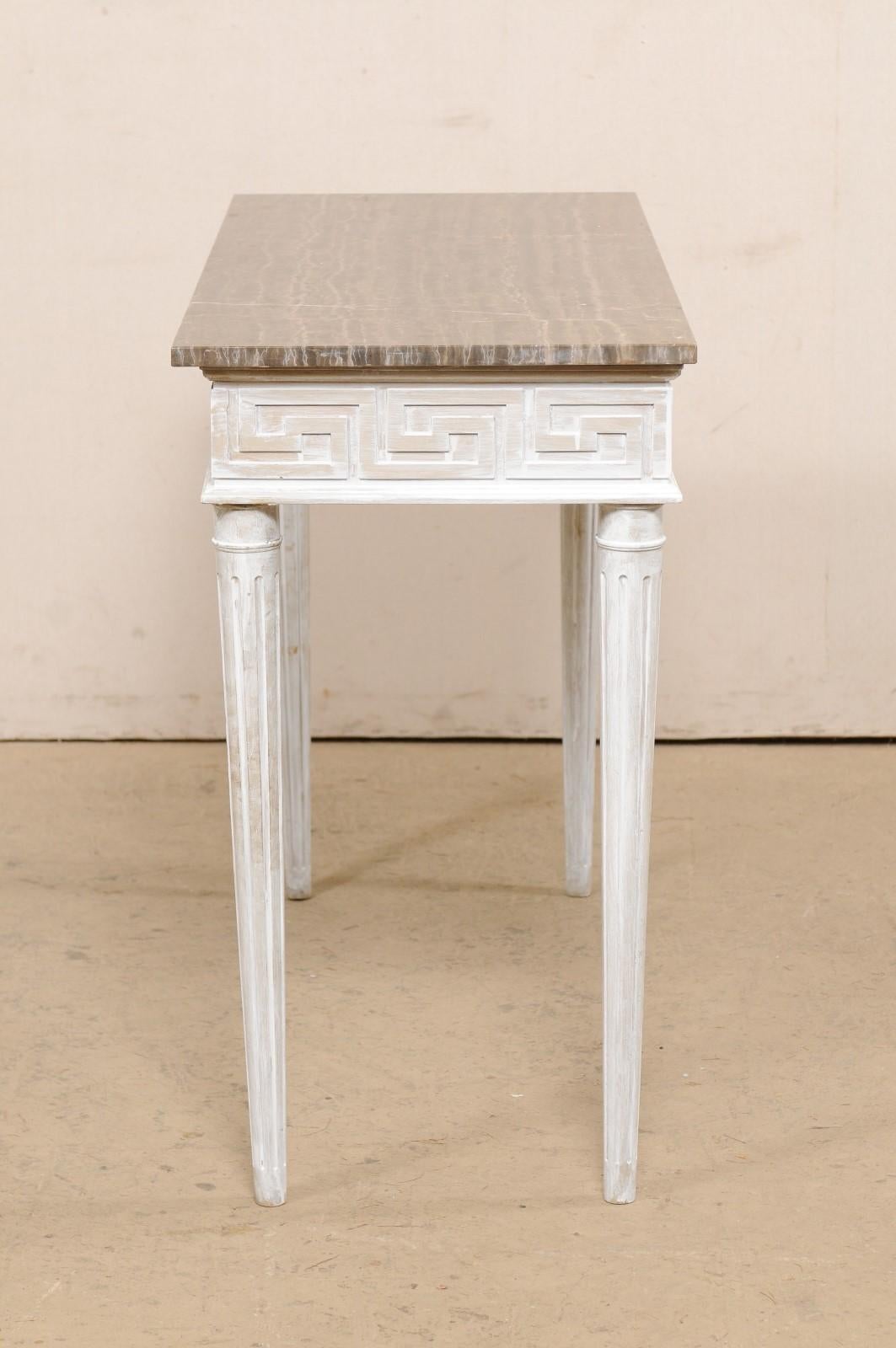 Marble Top Console Table with Greek Key Motif Carved Skirt on All Sides 4