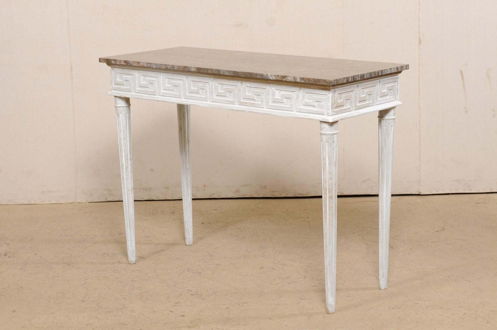 Marble Top Console Table with Greek Key Motif Carved Skirt on All Sides 5
