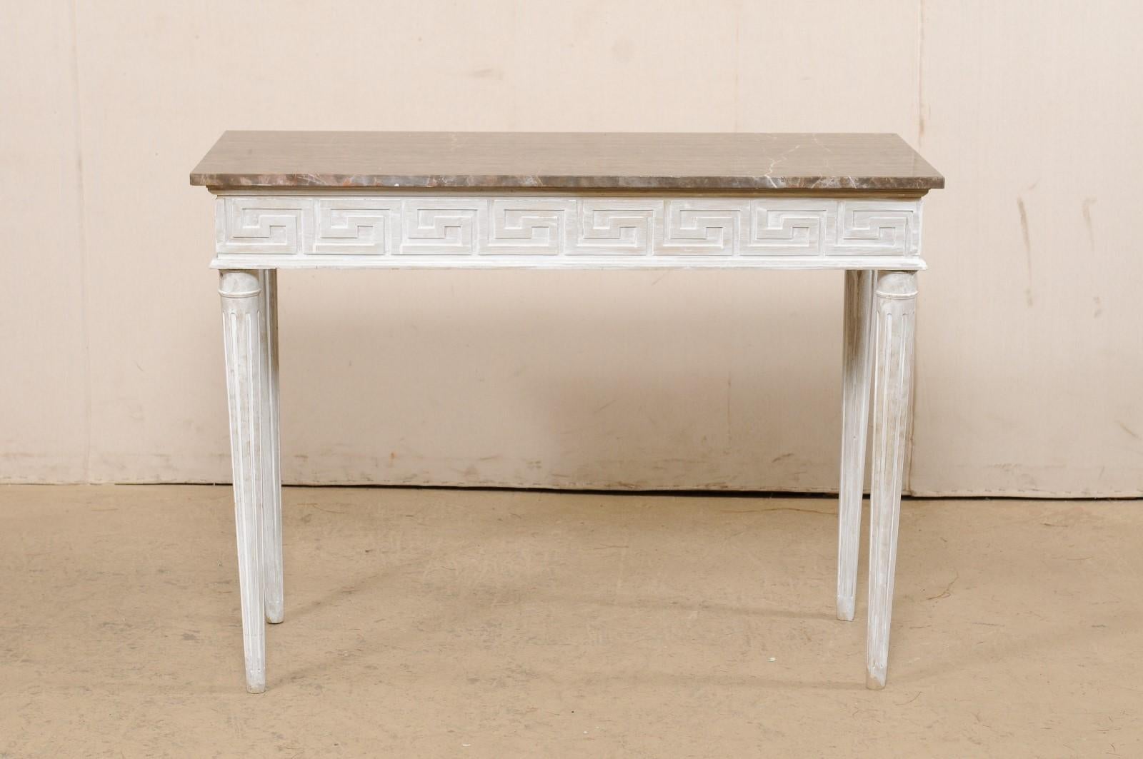 Marble Top Console Table with Greek Key Motif Carved Skirt on All Sides 6