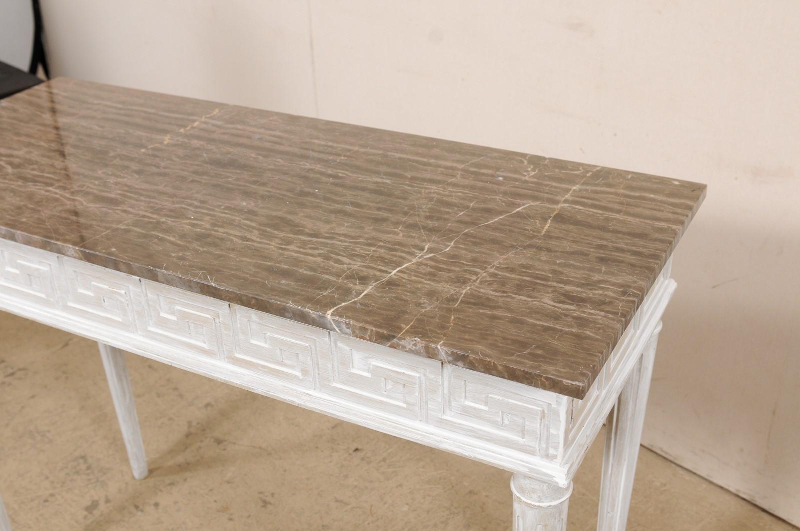Marble Top Console Table with Greek Key Motif Carved Skirt on All Sides In Good Condition In Atlanta, GA