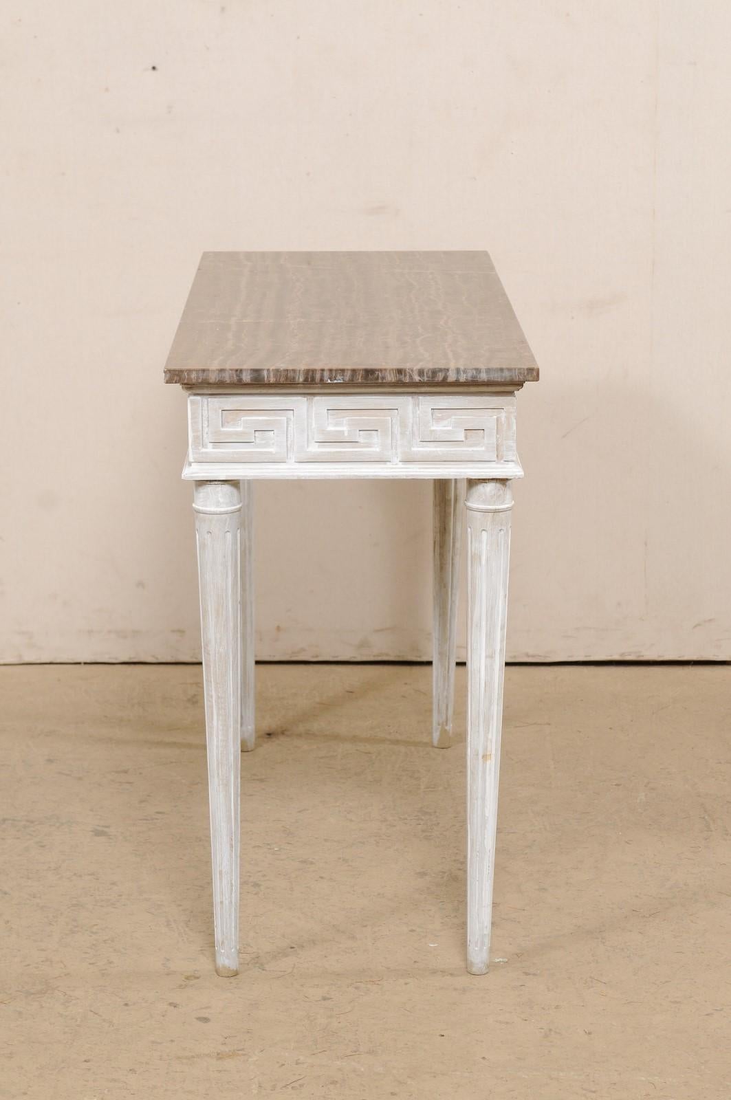 20th Century Marble Top Console Table with Greek Key Motif Carved Skirt on All Sides