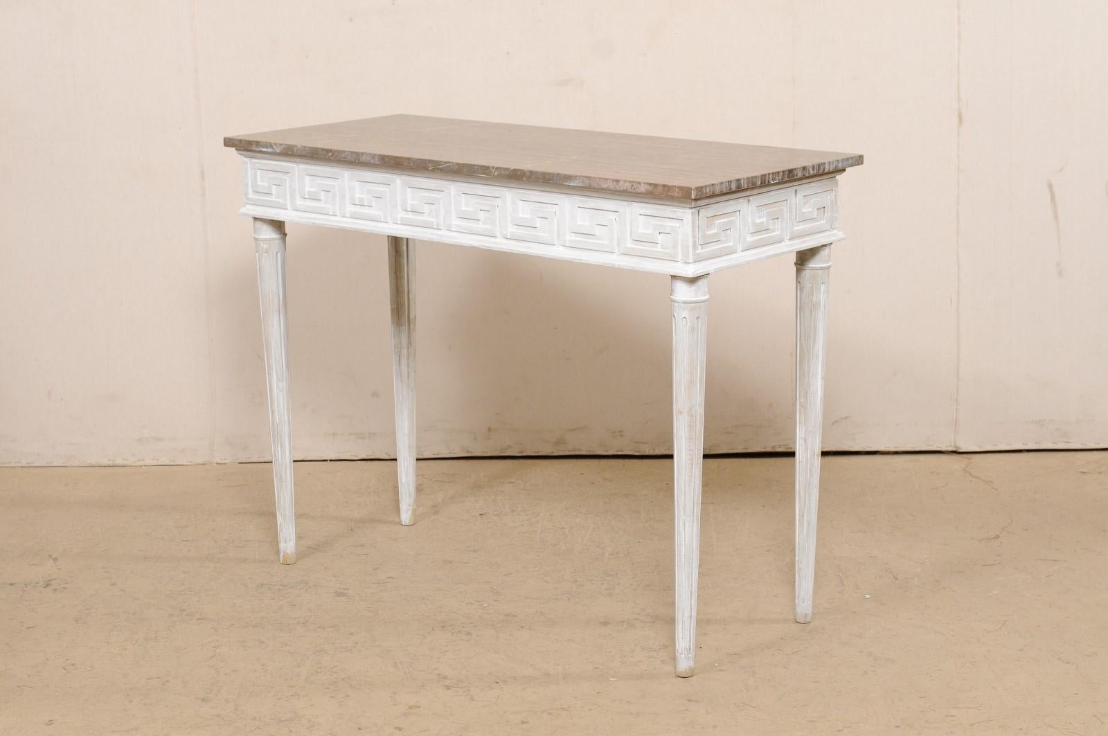 Marble Top Console Table with Greek Key Motif Carved Skirt on All Sides 1