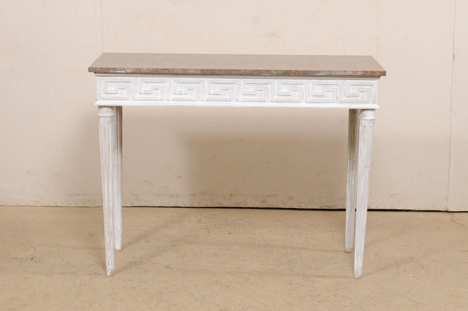 Marble Top Console Table with Greek Key Motif Carved Skirt on All Sides 2