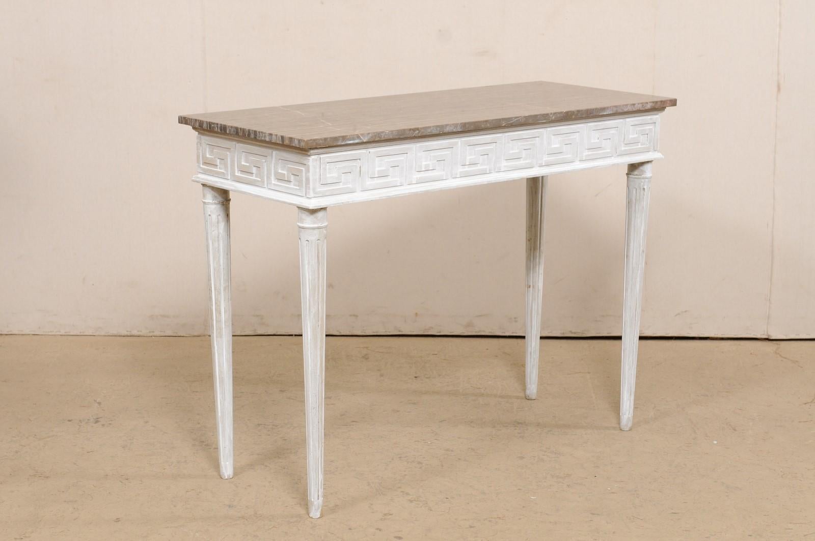 Marble Top Console Table with Greek Key Motif Carved Skirt on All Sides 3