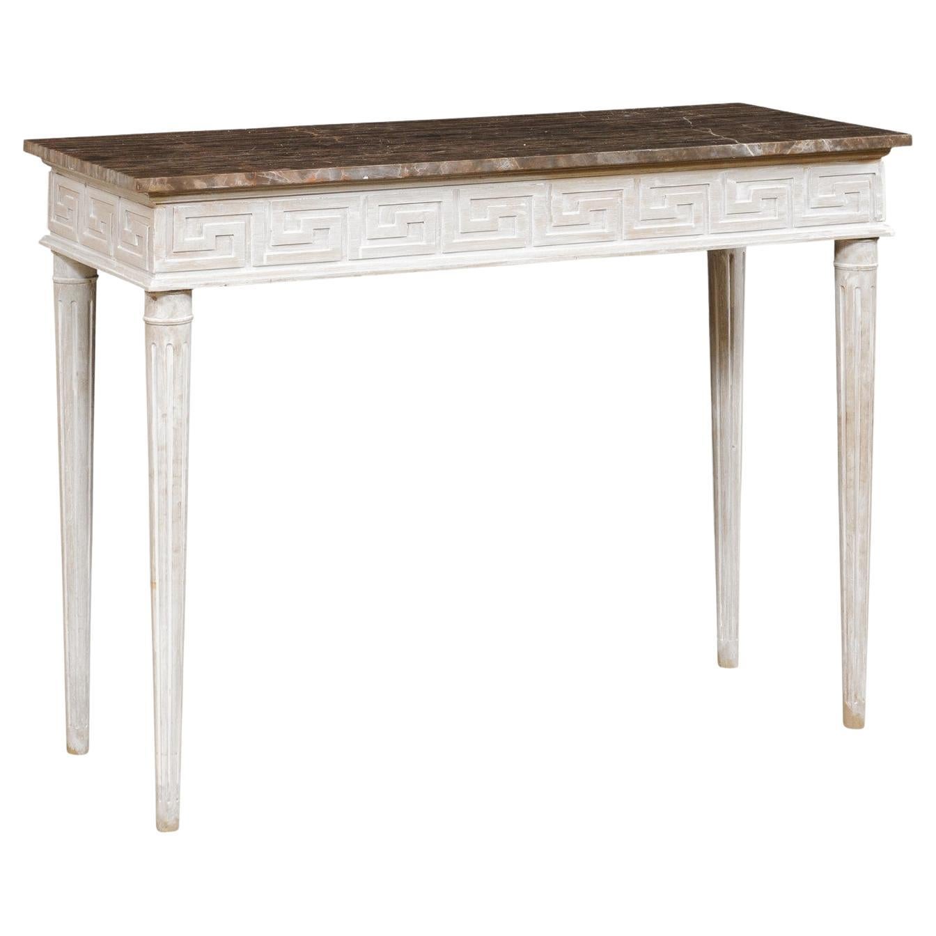 Marble Top Console Table with Greek Key Motif Carved Skirt on All Sides