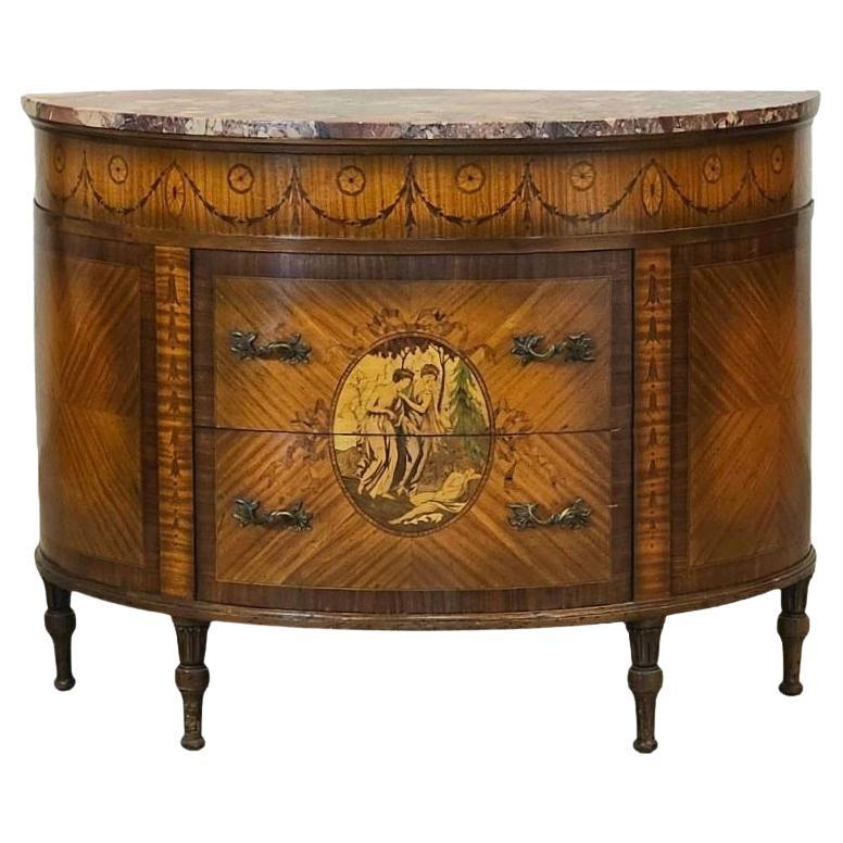 Marble Top Demi Lune Commode with Inlaid Front Louis XVI Style en vente