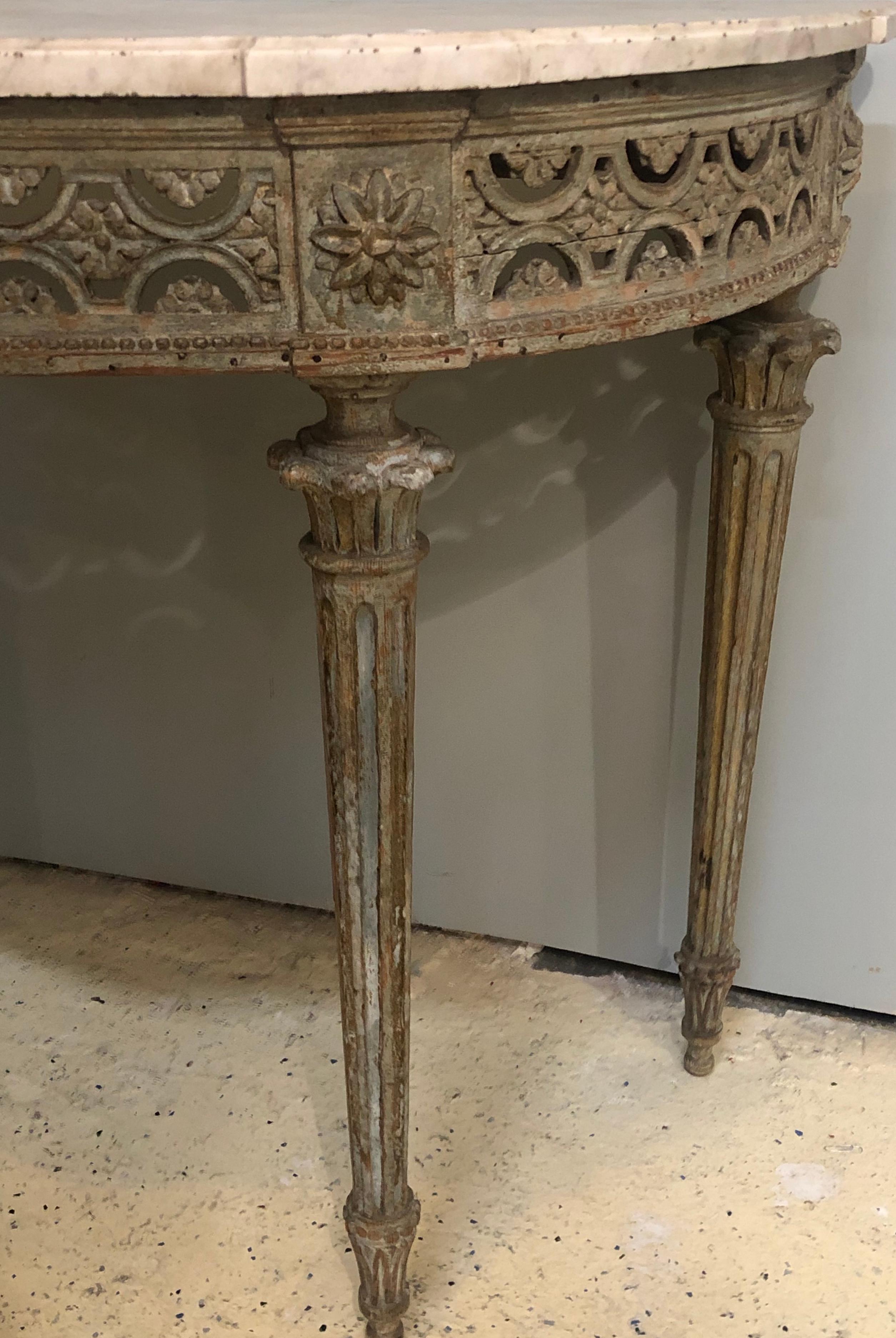 Wood Marble-Top Demilune Side Table Console circa 1780 Époque Louis XI Painted For Sale