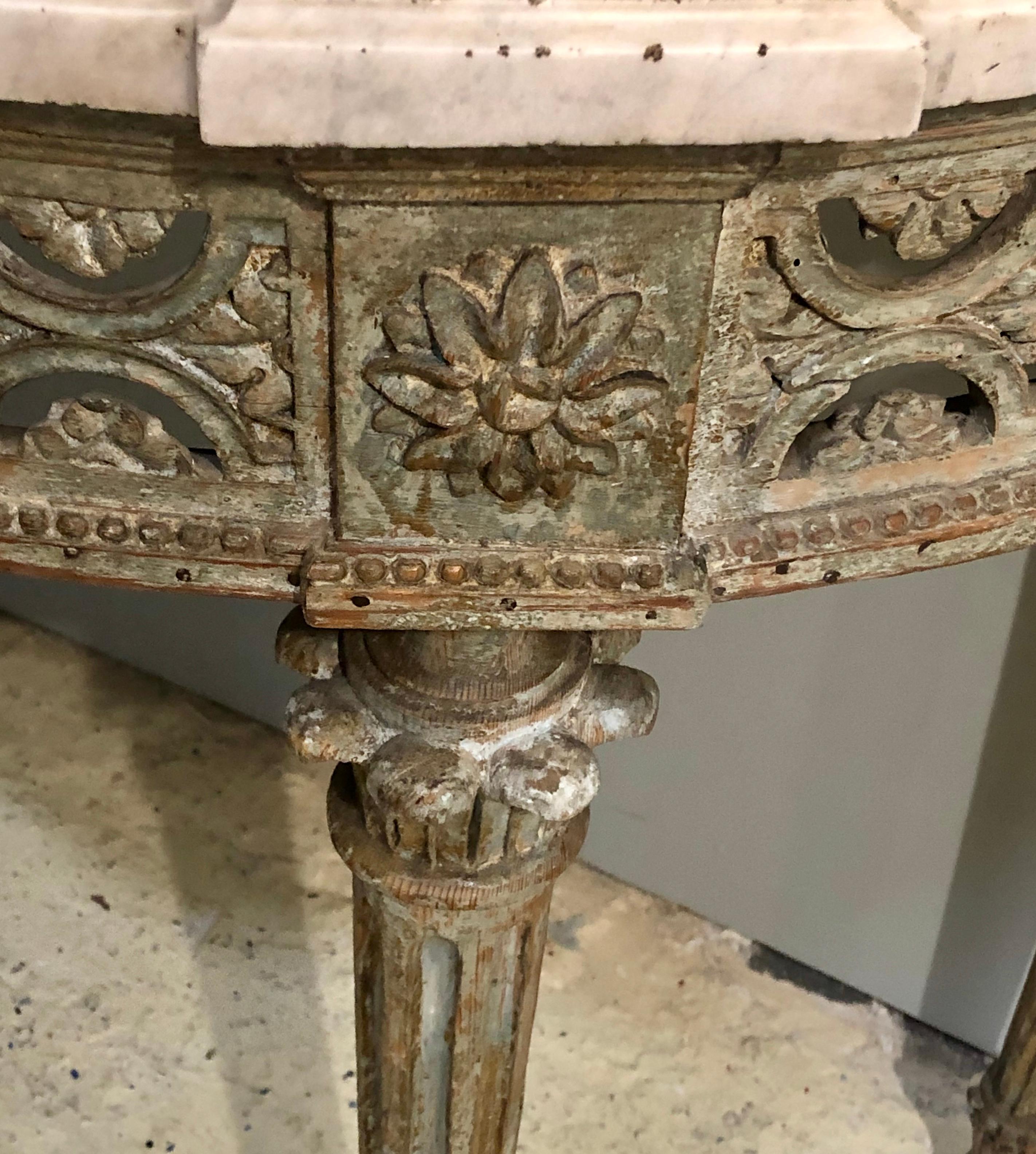 Marble-Top Demilune Side Table Console circa 1780 Époque Louis XI Painted For Sale 1