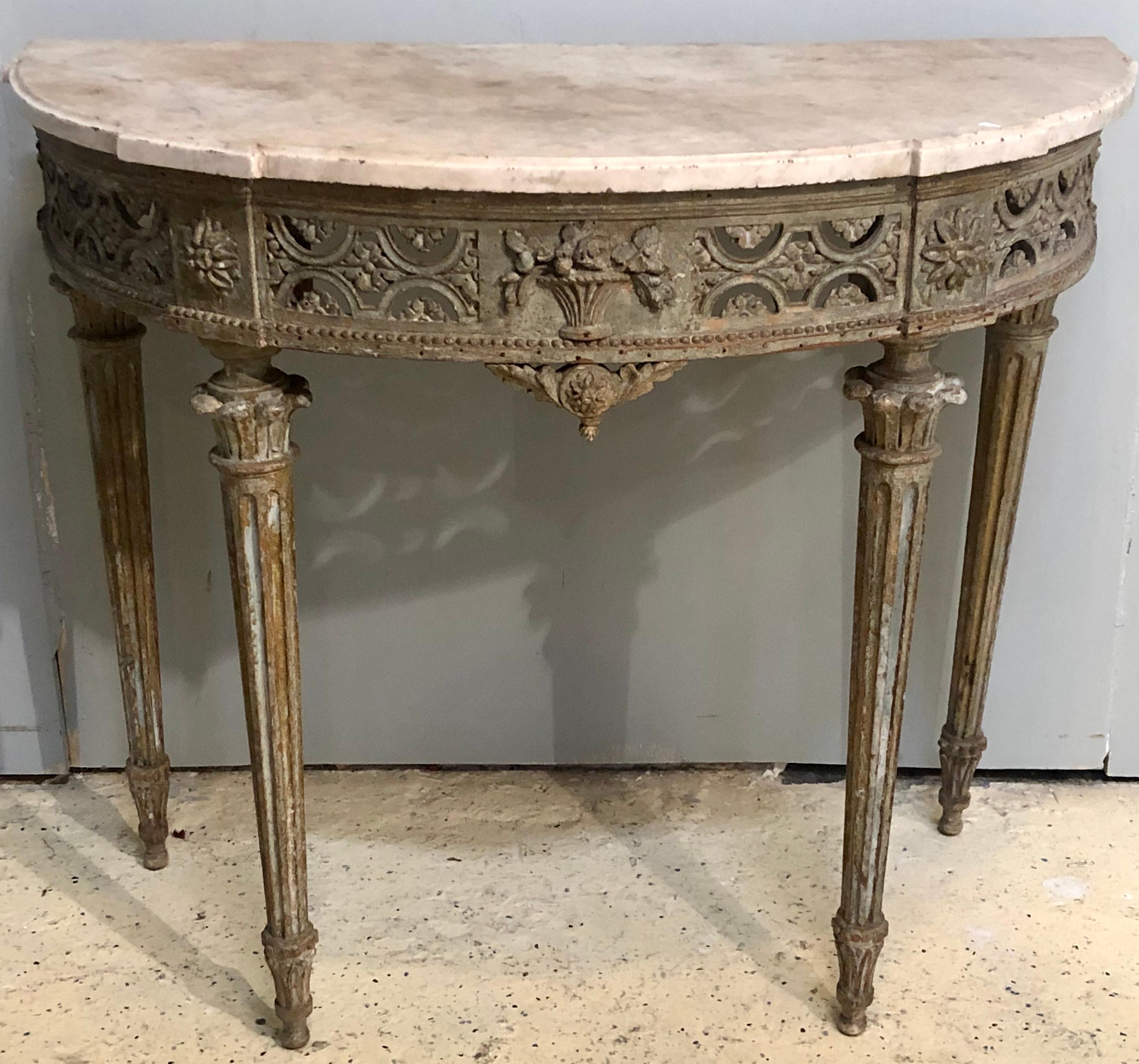 Green painted marble-top demilune console, side table or sofa table, circa 1780 époque Louis XI. Simply the finest French Swedish original paint decorated console having its original marble top. The sleek finely carved legs leading to a pierced