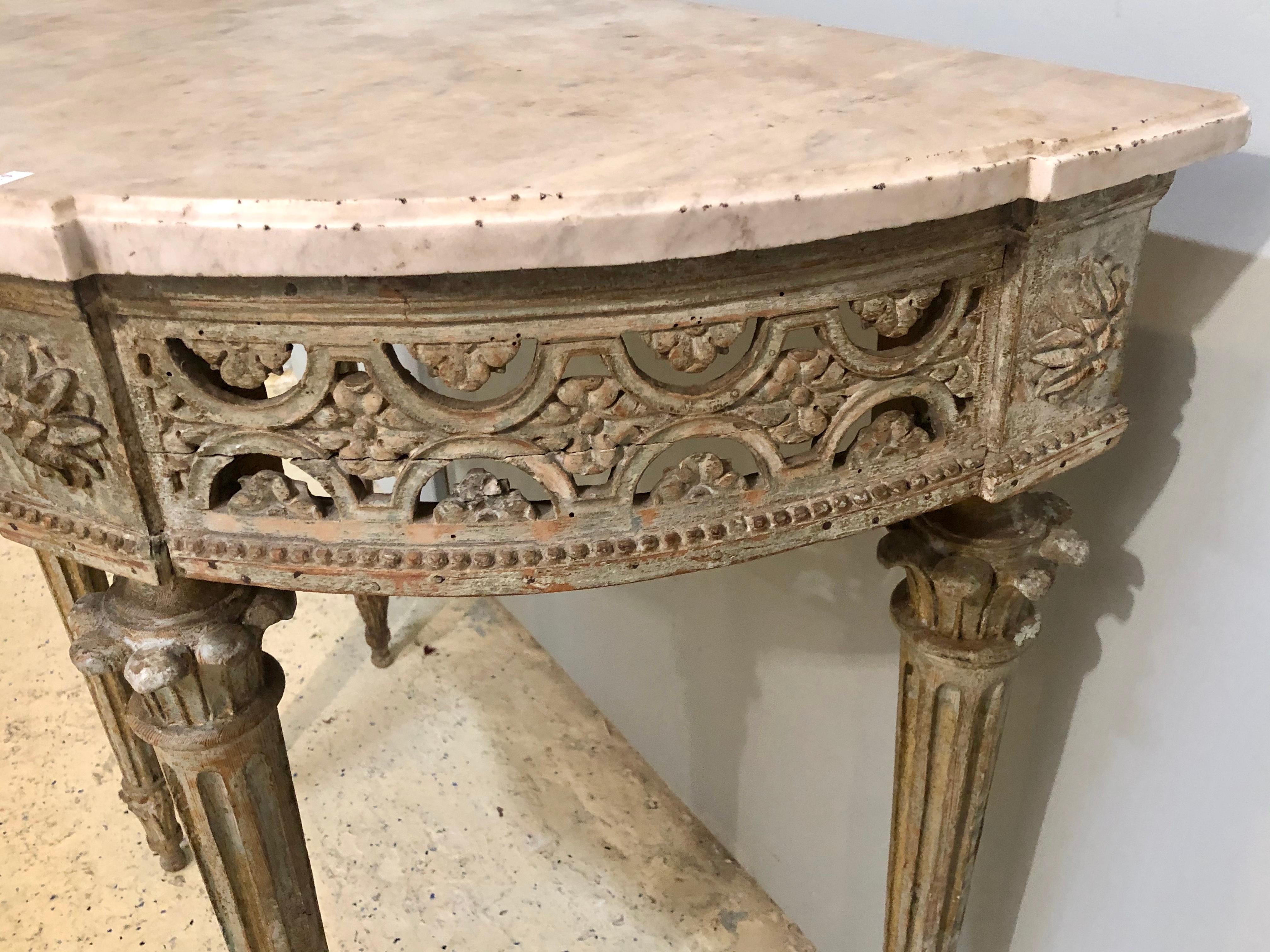 French Marble-Top Demilune Side Table Console circa 1780 Époque Louis XI Painted For Sale