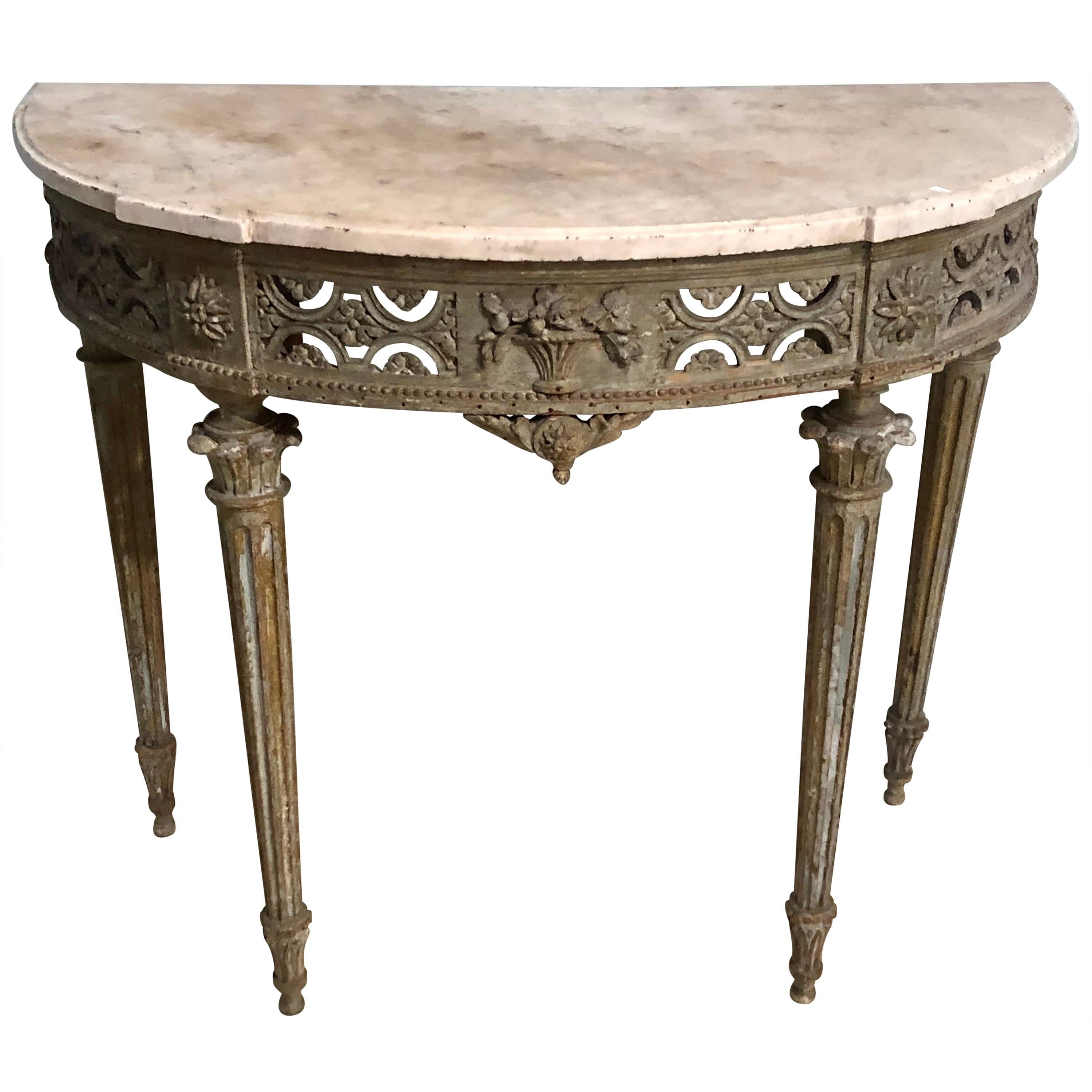 Marble-Top Demilune Side Table Console circa 1780 Époque Louis XI Painted For Sale