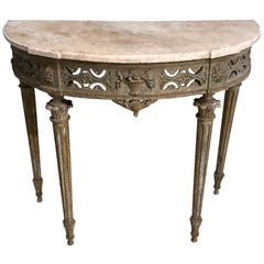 Marble-Top Demilune Side Table Console circa 1780 Époque Louis XI Painted