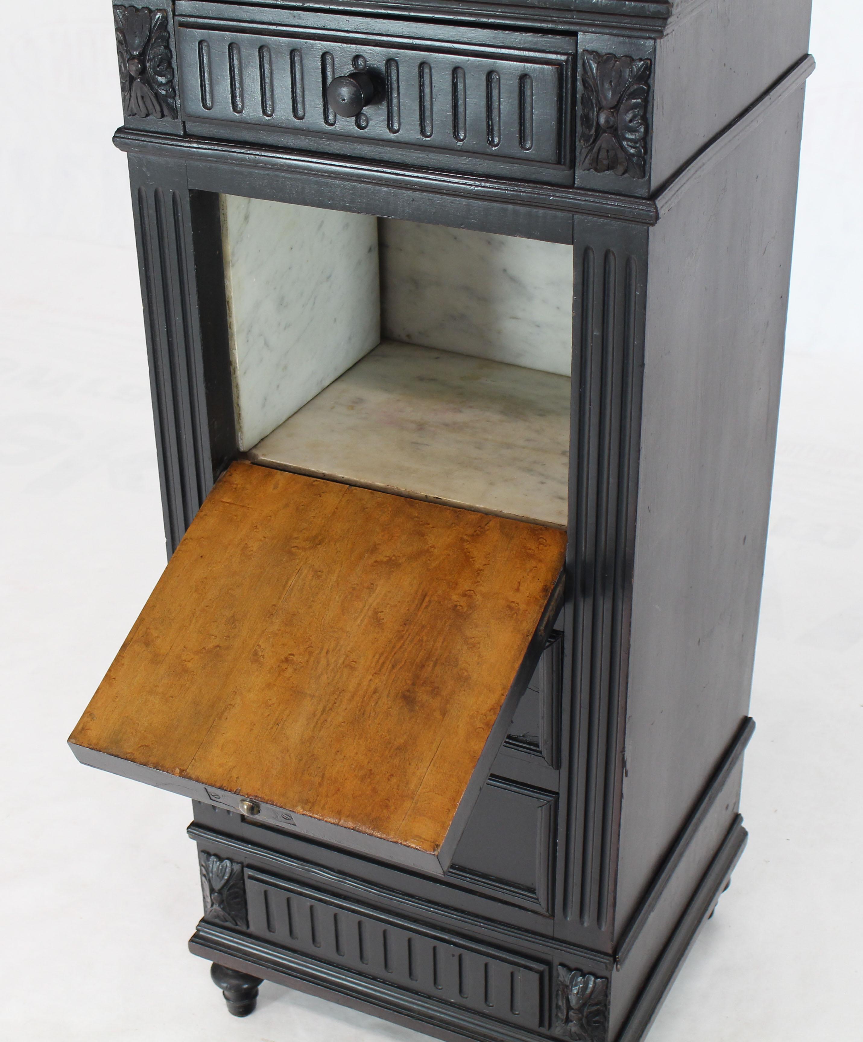 Antique tall pedestal shape marble top cabinet barber stand drop front door compartment.
Hand dovetailed oak drawers. This will make a nice cabinet with cigars compartment smoker stand.