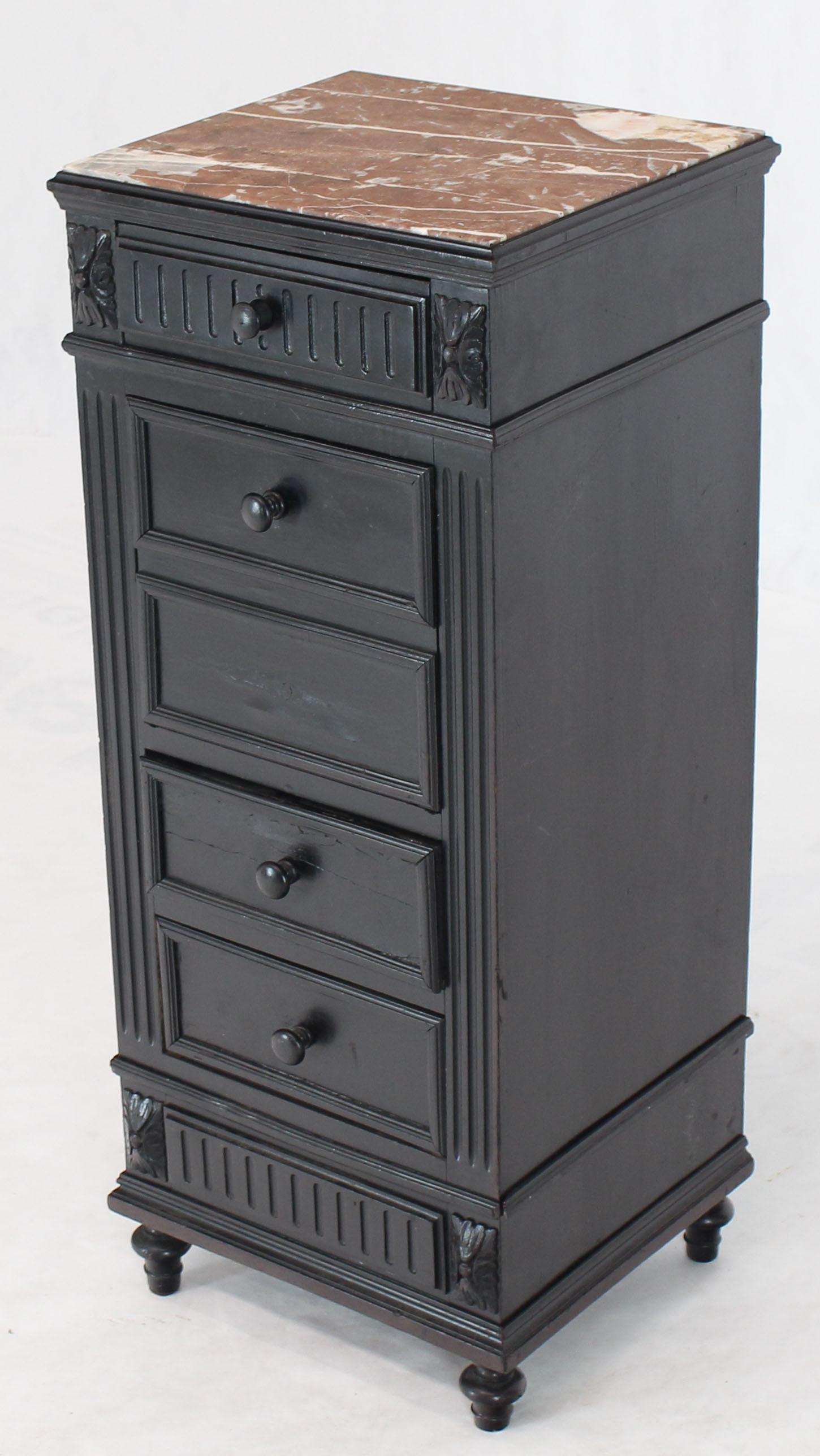 Edwardian Marble Top Ebonized Black Four Drawers Drop Front Compartment Barber Stand For Sale