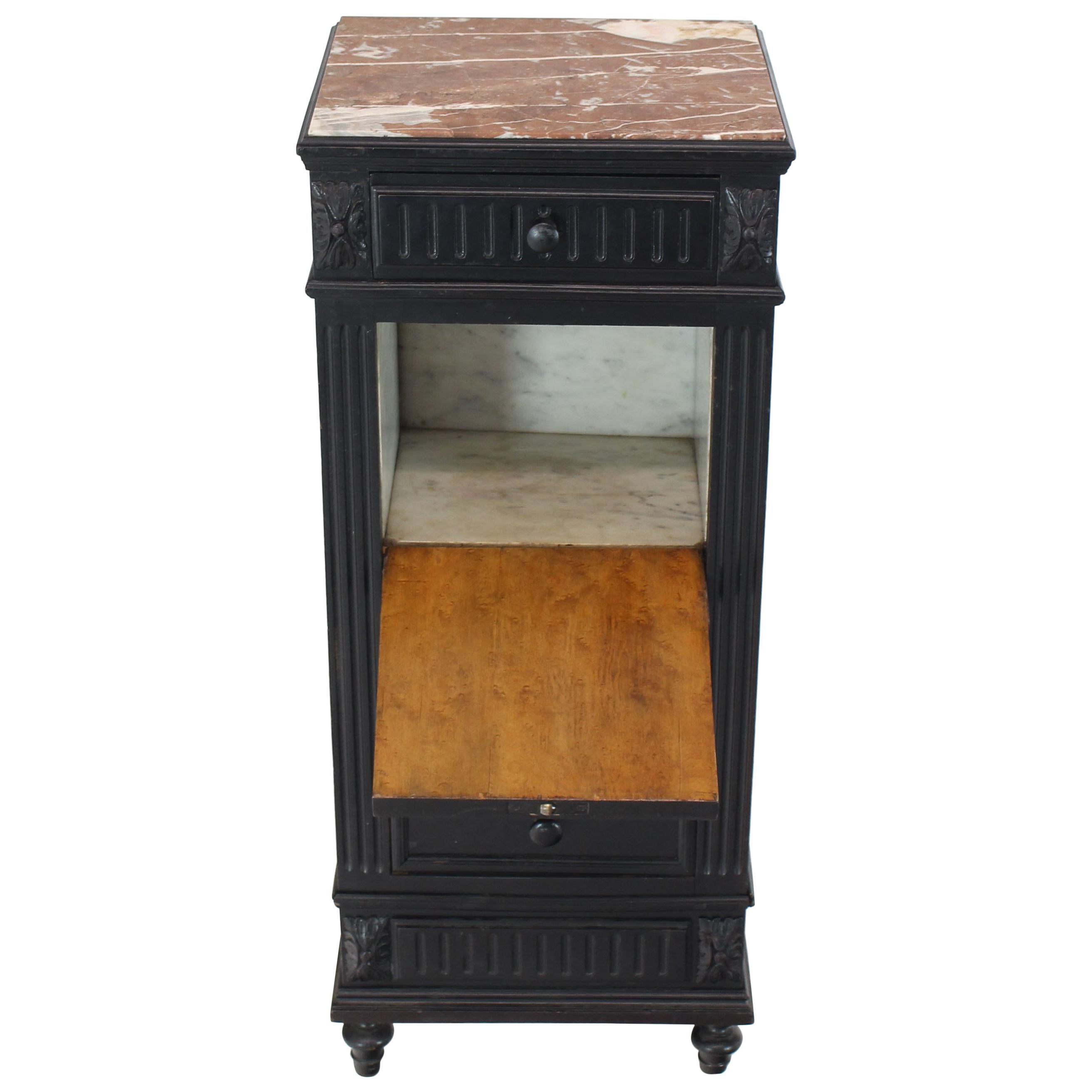Marble Top Ebonized Black Four Drawers Drop Front Compartment Barber Stand For Sale