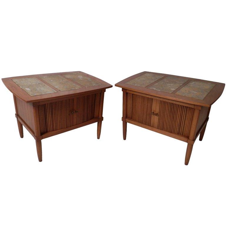 Beautiful pair of pecan nightstands designed by John Lubberts and Lambert Mulder for Tomlinson's flagship 