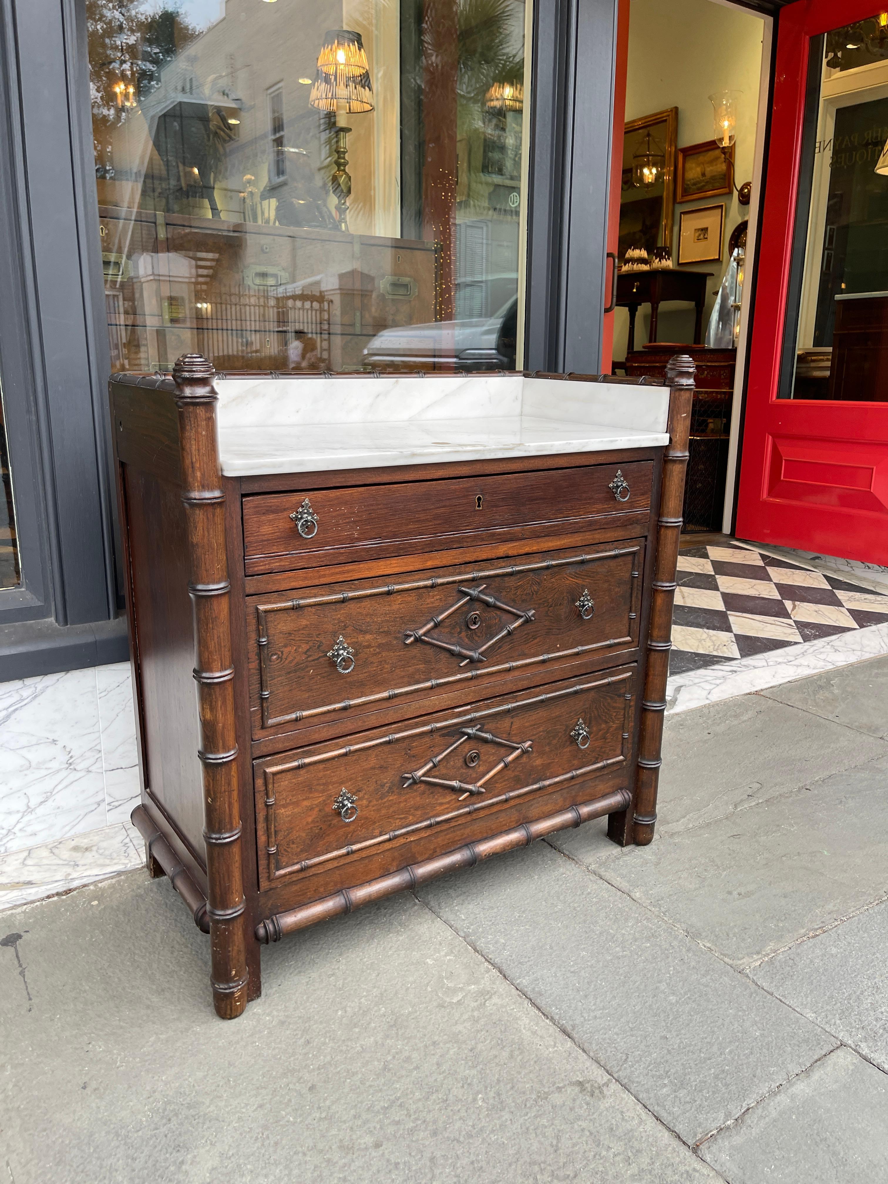 French Marble top faux bamboo chest early 20th century  For Sale