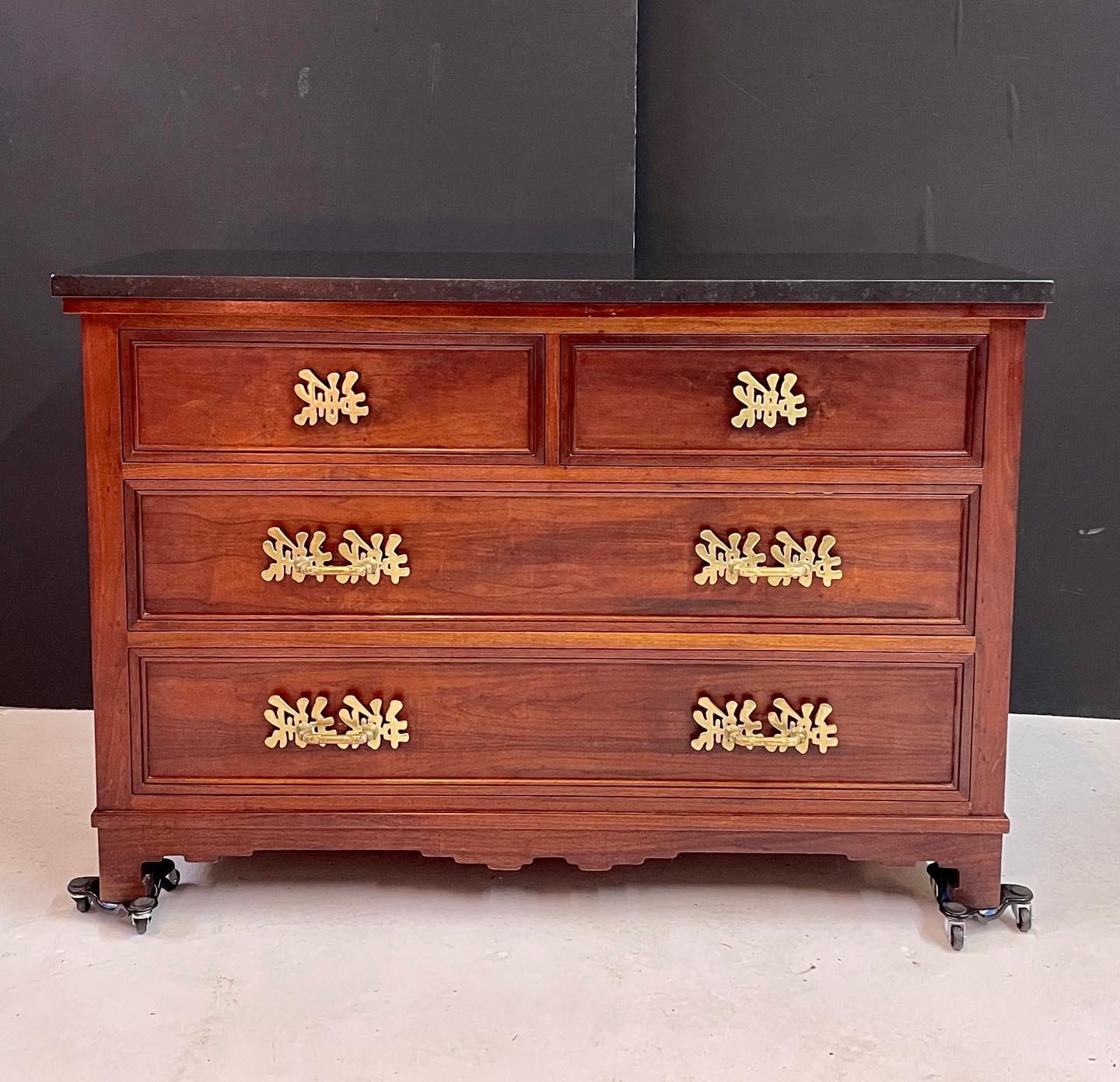 Mid-Century Modern Marble Top Four Drawer Chest with Bronze Hardware For Sale