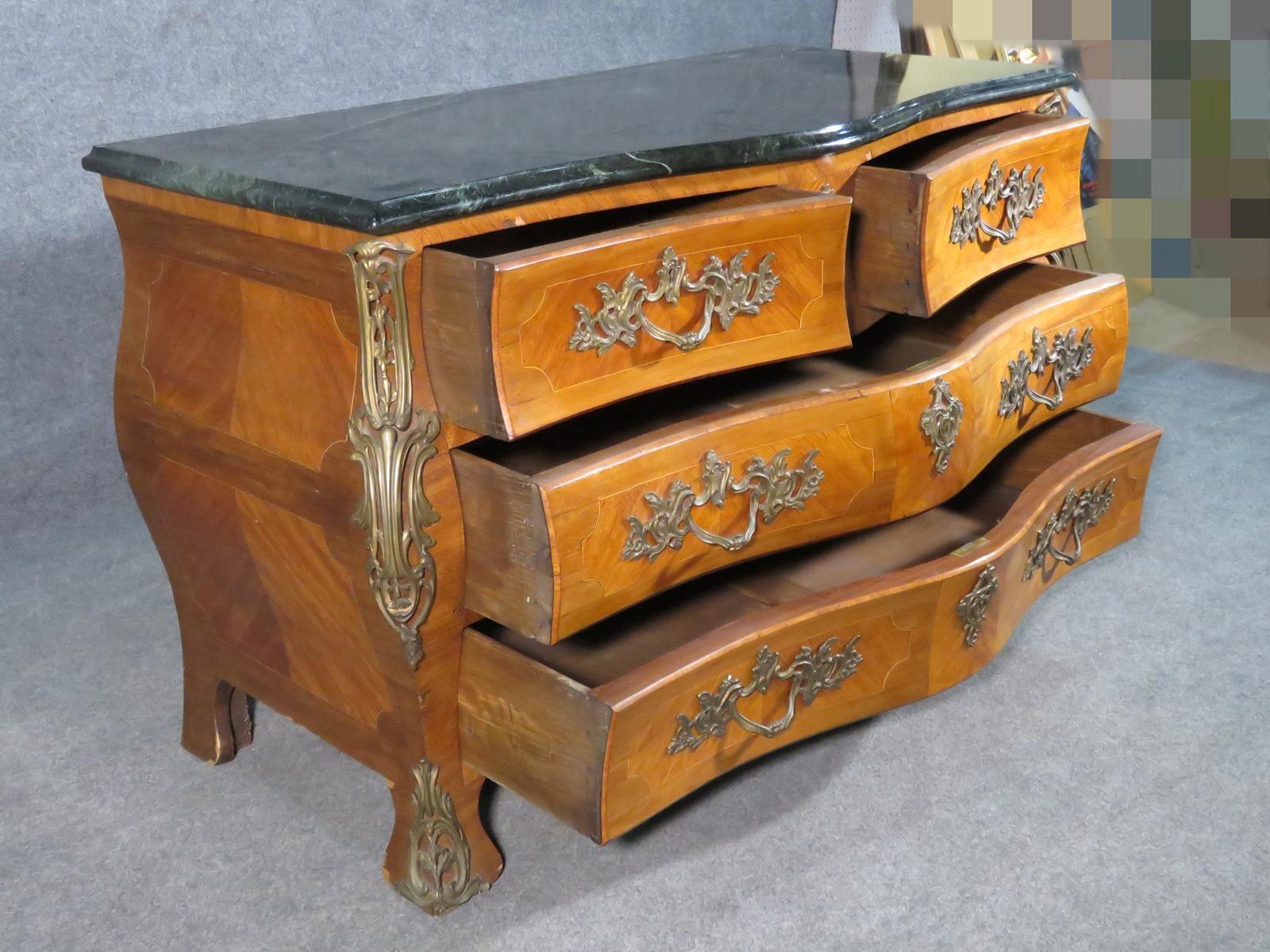 Walnut Marble Top French Louis XV Bombe Commode with Bronze Mounts, Circa 1860