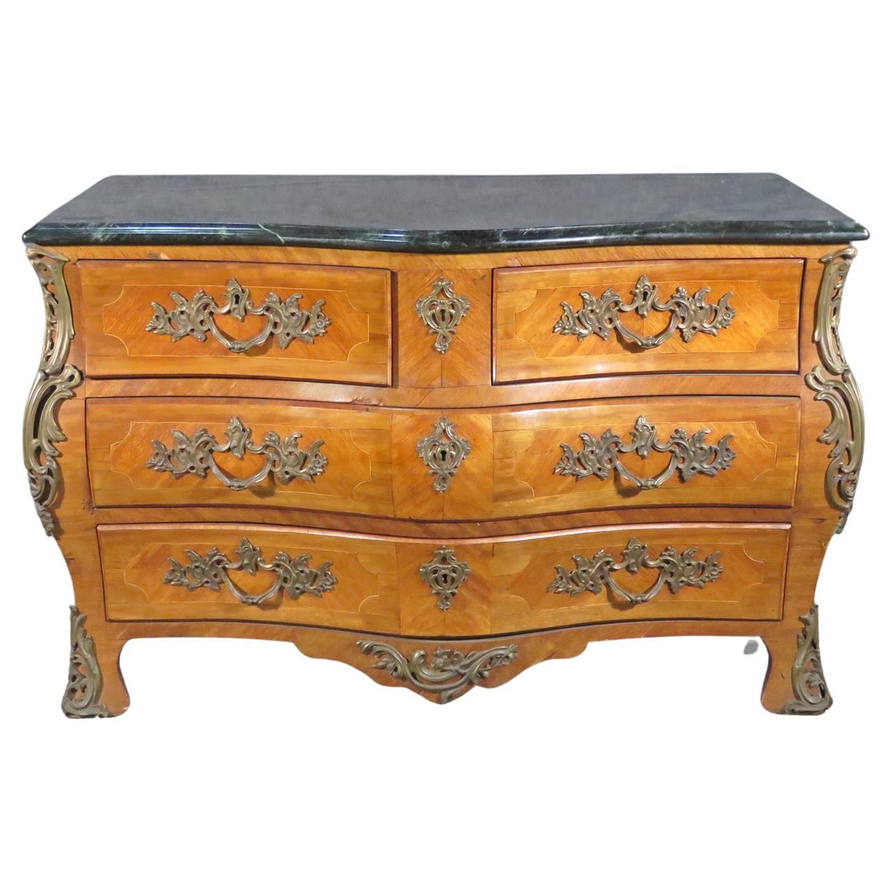Marble Top French Louis XV Bombe Commode with Bronze Mounts, Circa 1860