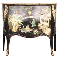 Marble Top French Louis XV Style Black Chinoiserie Commode Nightstand