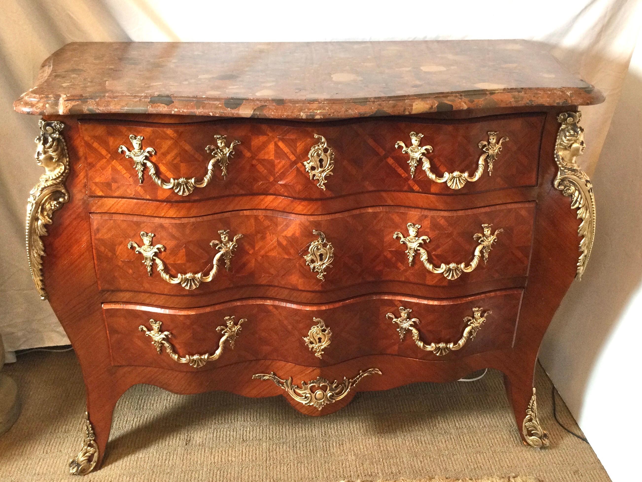 Marble Top French Louis XV Style Bombe Chest In Good Condition In Lambertville, NJ