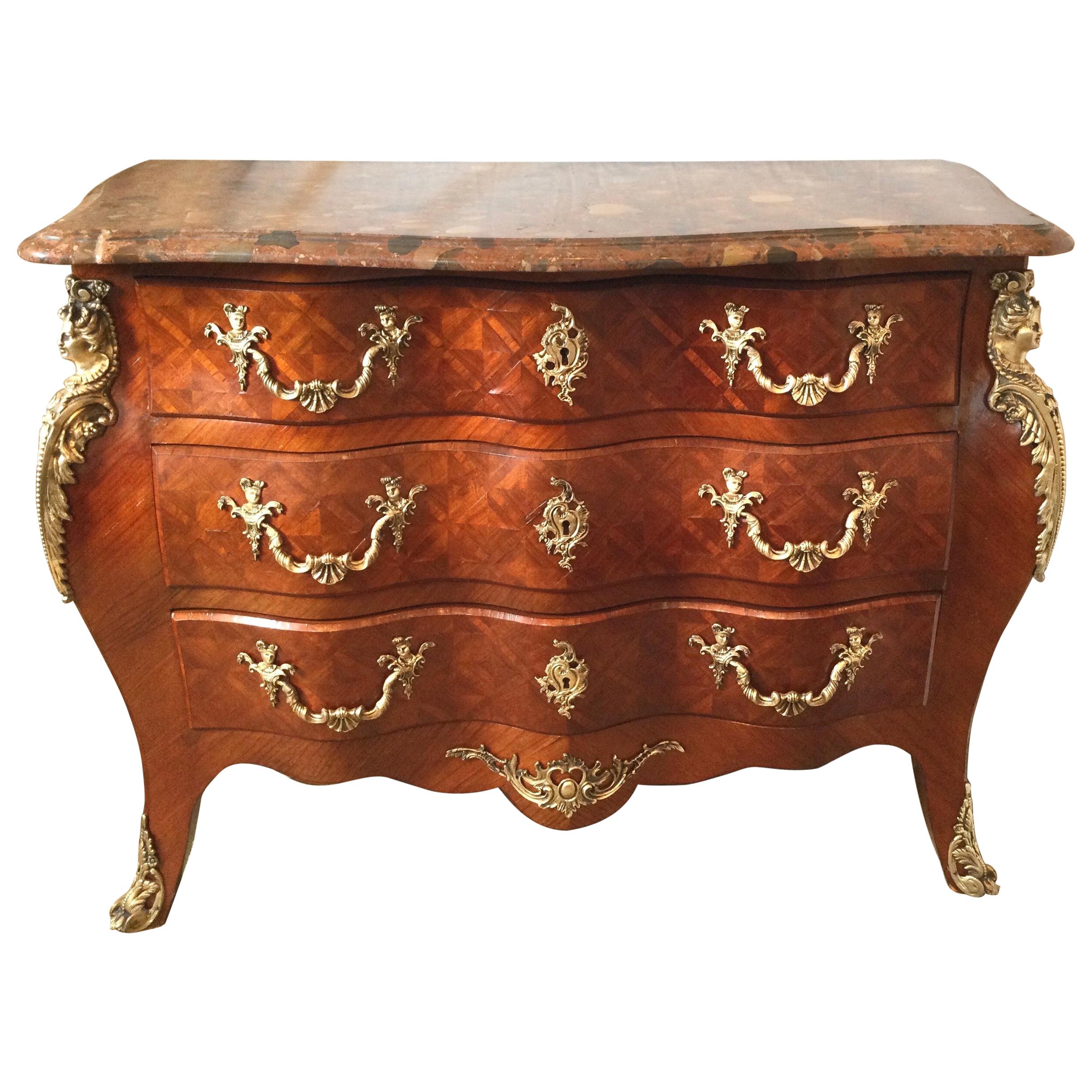 Marble Top French Louis XV Style Bombe Chest