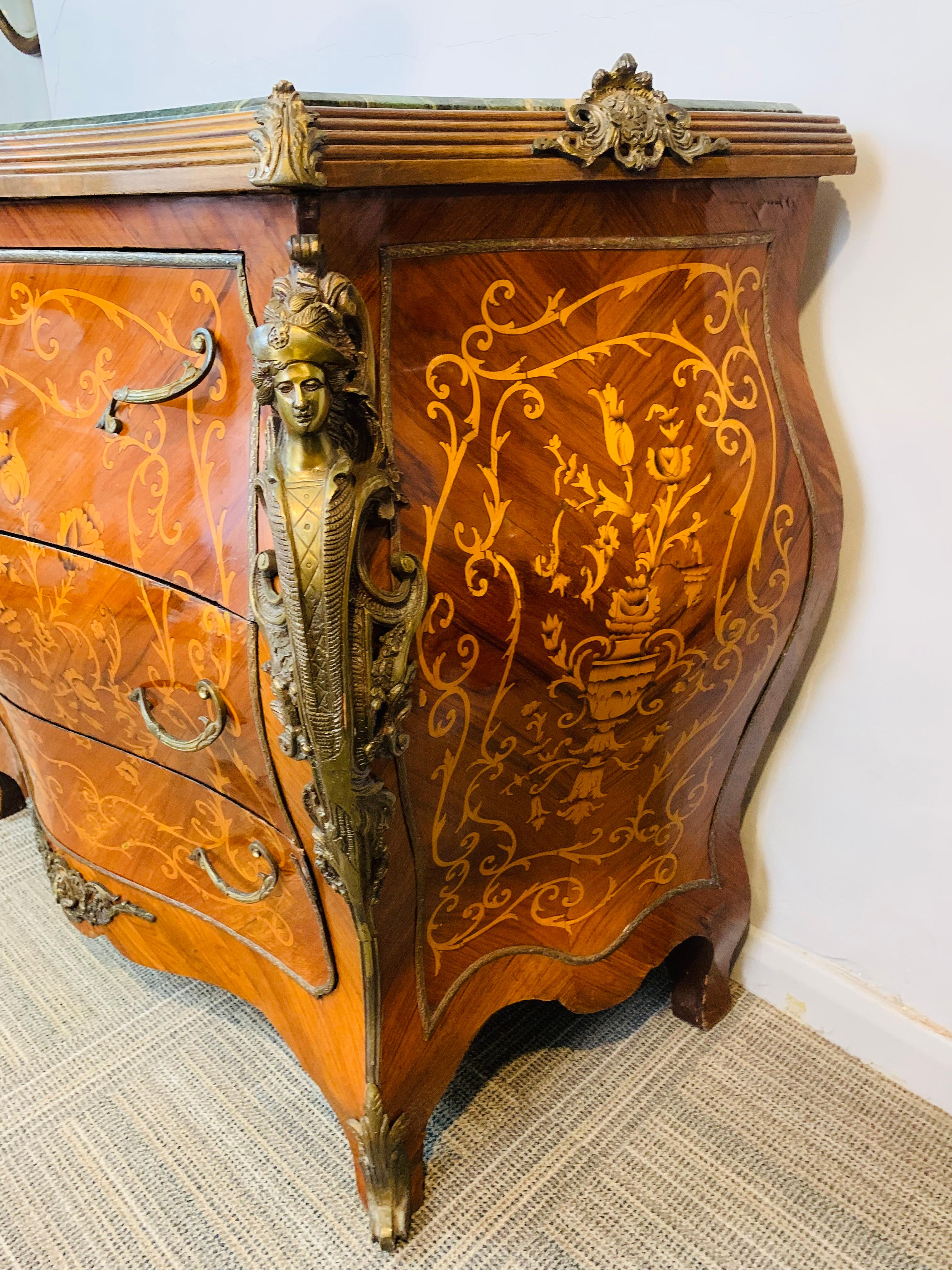 Marble Top French Louis XV Style Bombe Chest of Three Drawers Parquetry Inlay 5