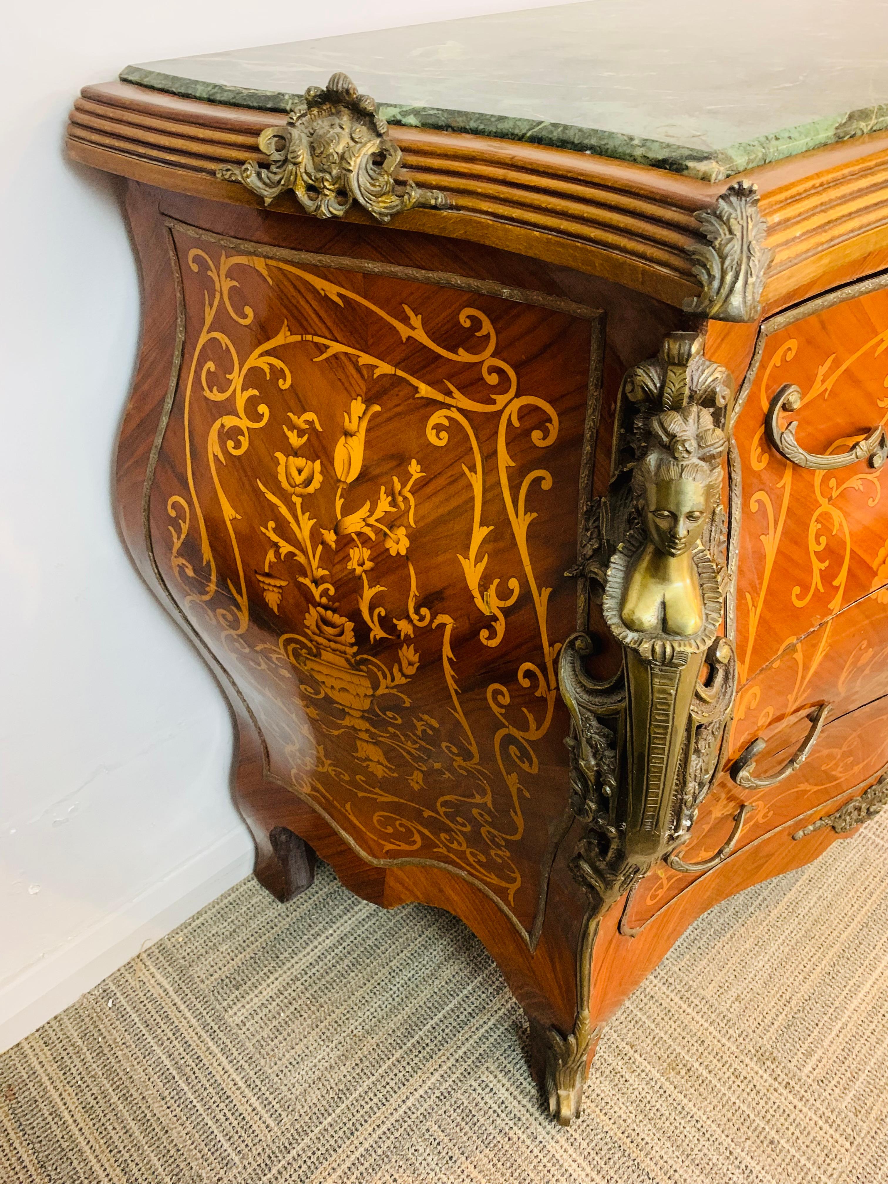 Marble Top French Louis XV Style Bombe Chest of Three Drawers Parquetry Inlay 13