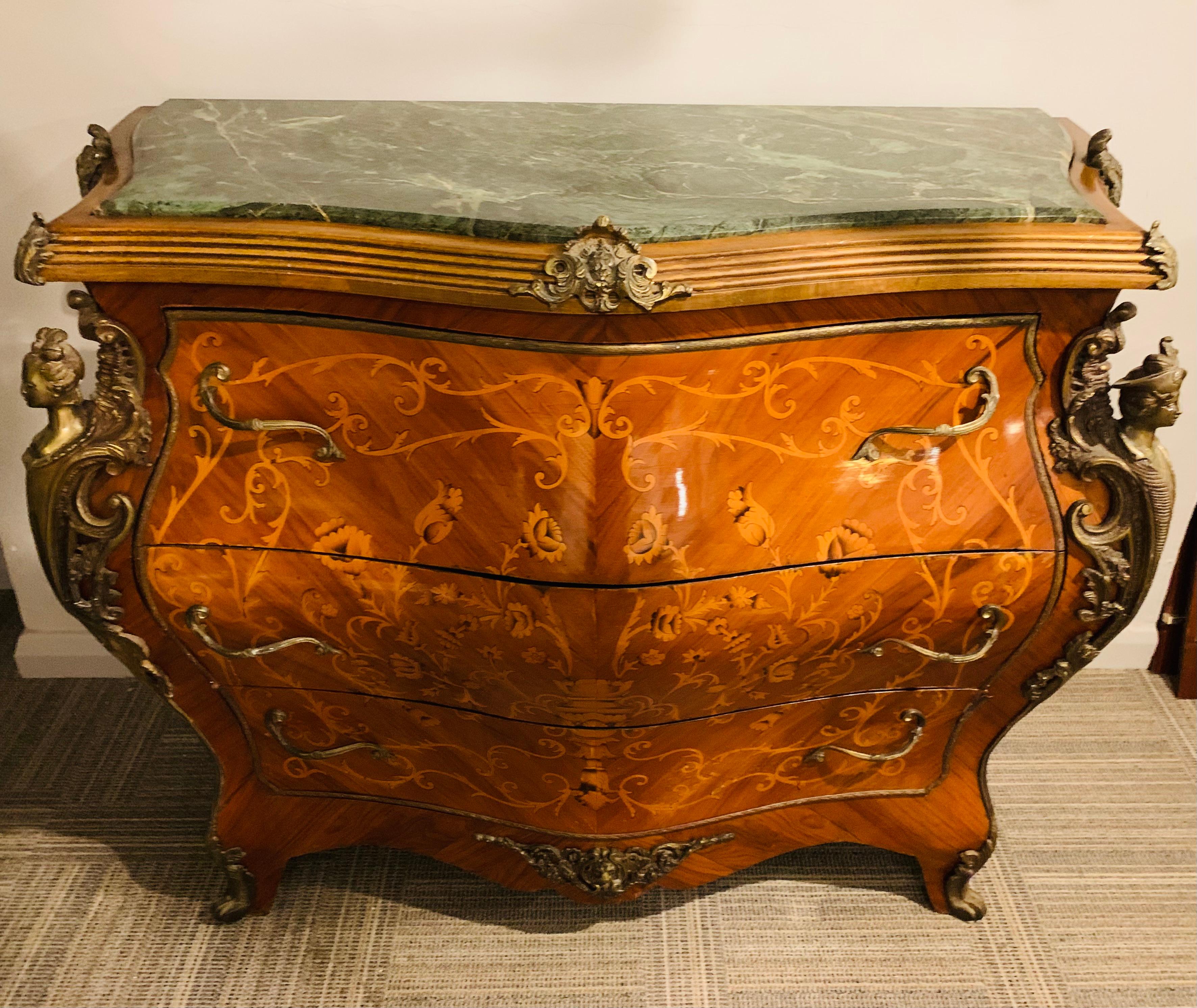 Marble Top French Louis XV Style Bombe Chest of Three Drawers Parquetry Inlay In Good Condition In London, GB