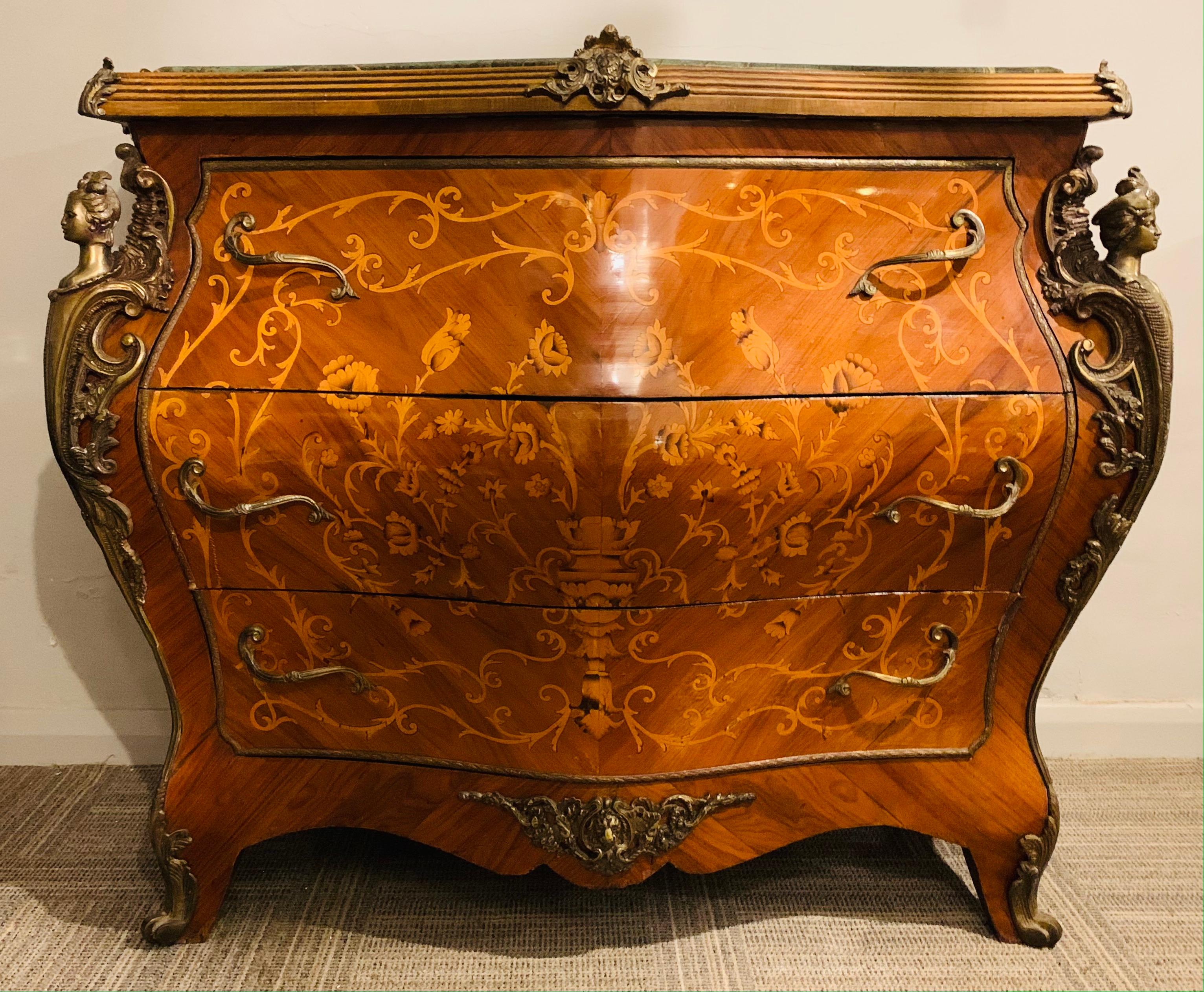 20th Century Marble Top French Louis XV Style Bombe Chest of Three Drawers Parquetry Inlay