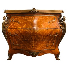 Marble Top French Louis XV Style Bombe Chest of Three Drawers Parquetry Inlay