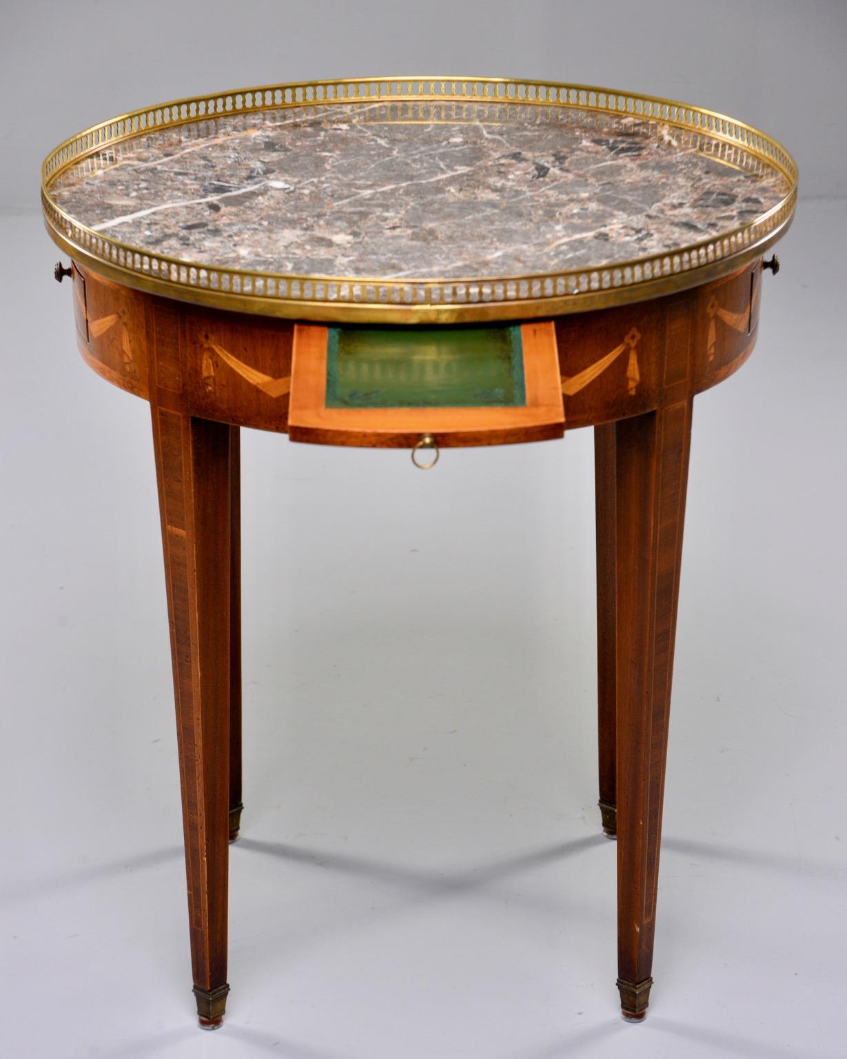 Marble Top French Oak Gueridon with Marquetry and Brass Gallery For Sale 6