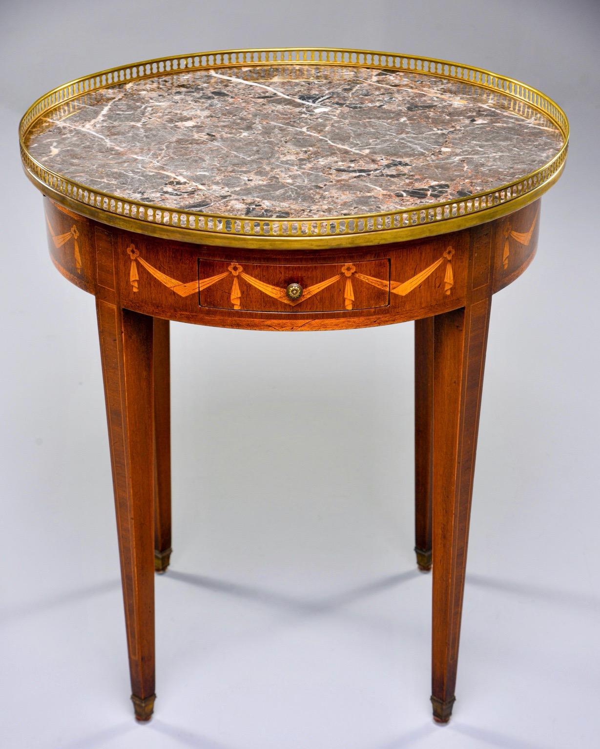 Marble Top French Oak Gueridon with Marquetry and Brass Gallery For Sale 8