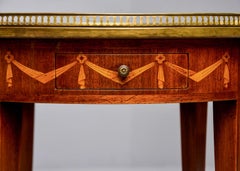 Marble Top French Oak Gueridon with Marquetry and Brass Gallery