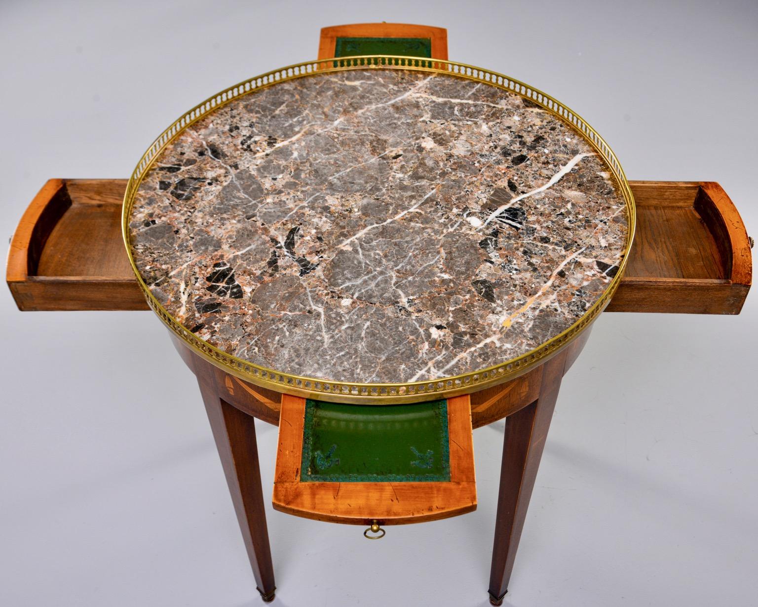 Marble Top French Oak Gueridon with Marquetry and Brass Gallery For Sale 1