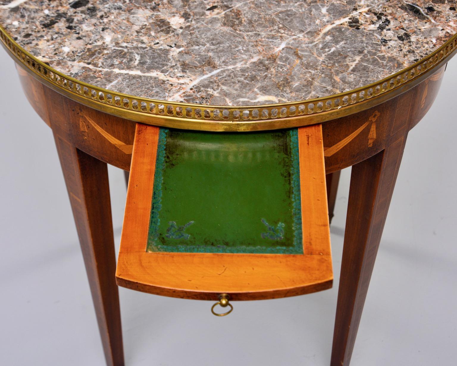 Marble Top French Oak Gueridon with Marquetry and Brass Gallery For Sale 5