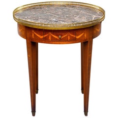 Marble Top French Oak Gueridon with Marquetry and Brass Gallery