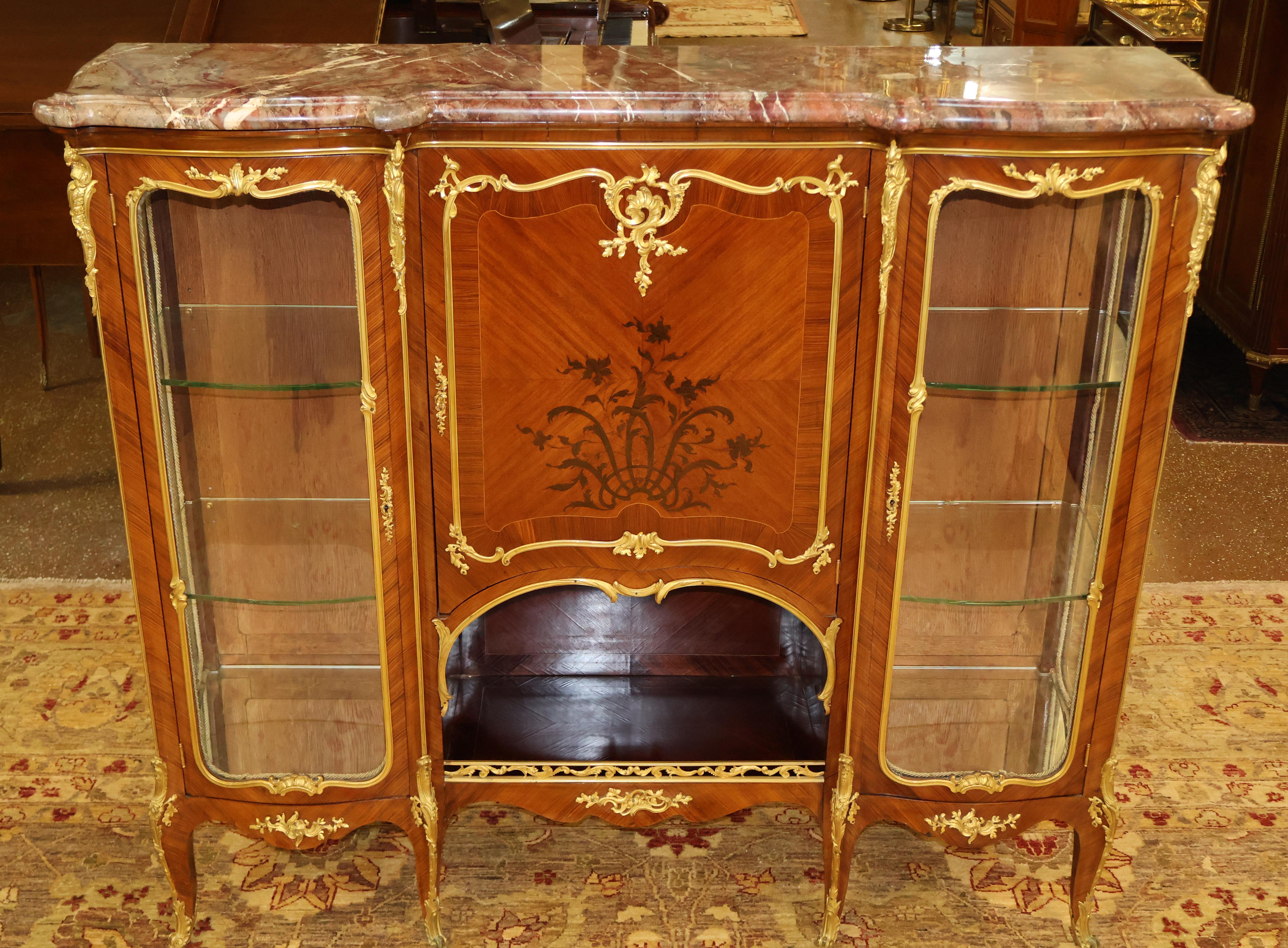 Louis XV Marble Top French Ormolu Kingwood Inlaid Marquetry Vitrine Attributed To Linke For Sale