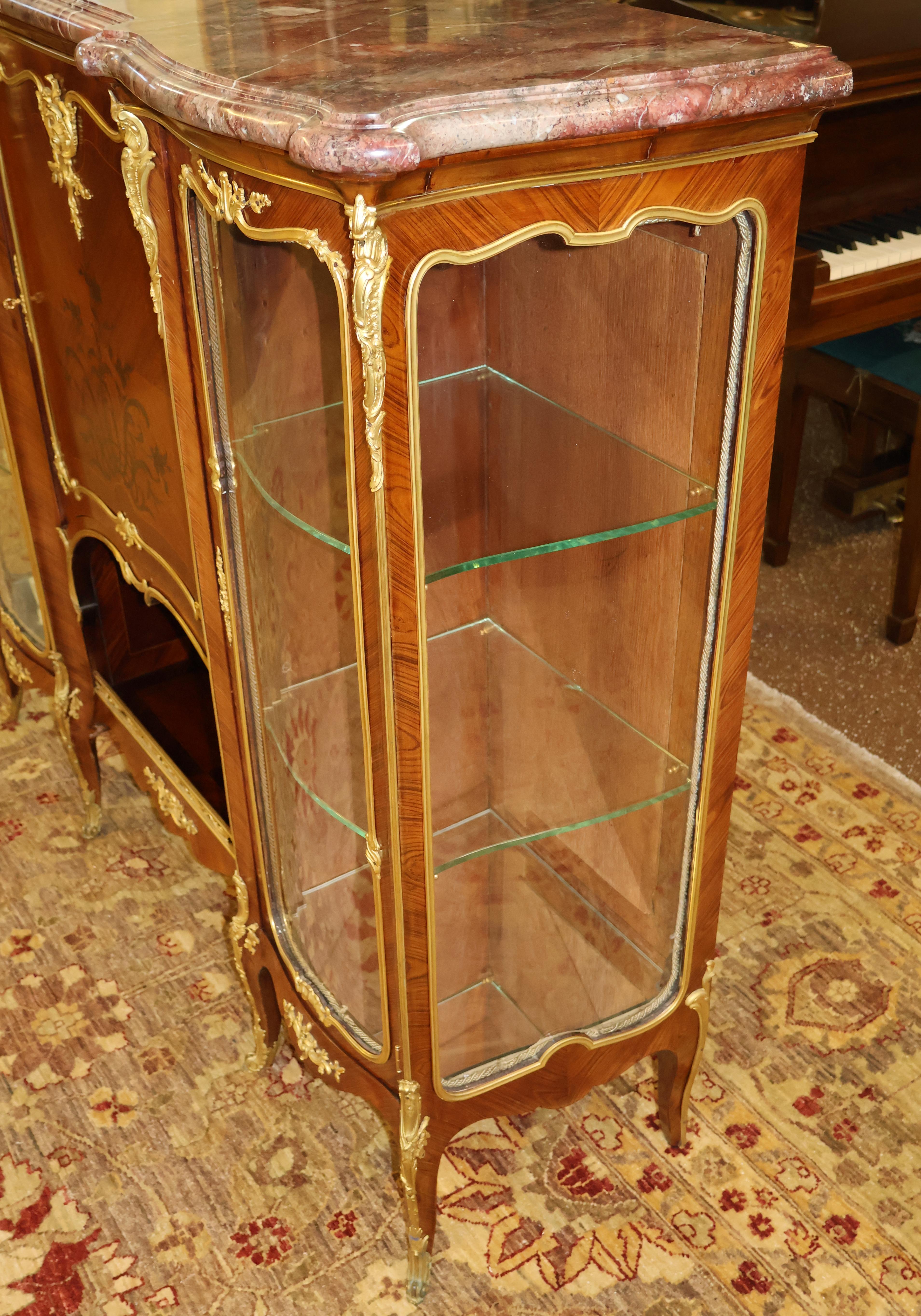19th Century Marble Top French Ormolu Kingwood Inlaid Marquetry Vitrine Attributed To Linke For Sale